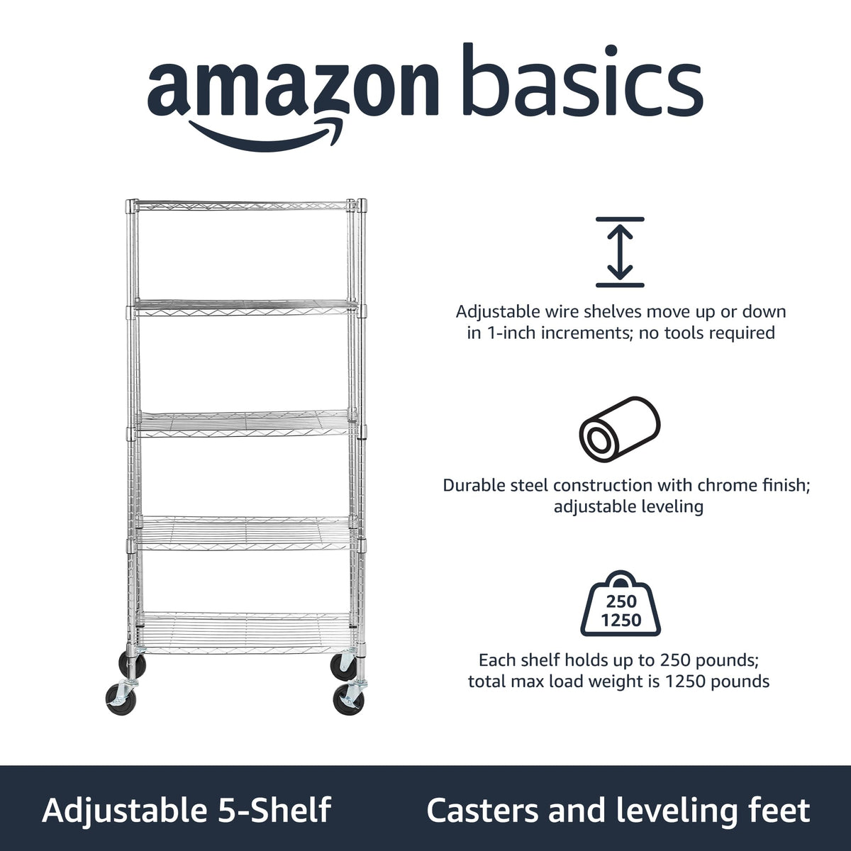 Amazon Basics 5-Shelf Tower Adjustable Storage Shelving Unit, Chrome, 16" x 16" x 54", 150 lbs Per Shelf