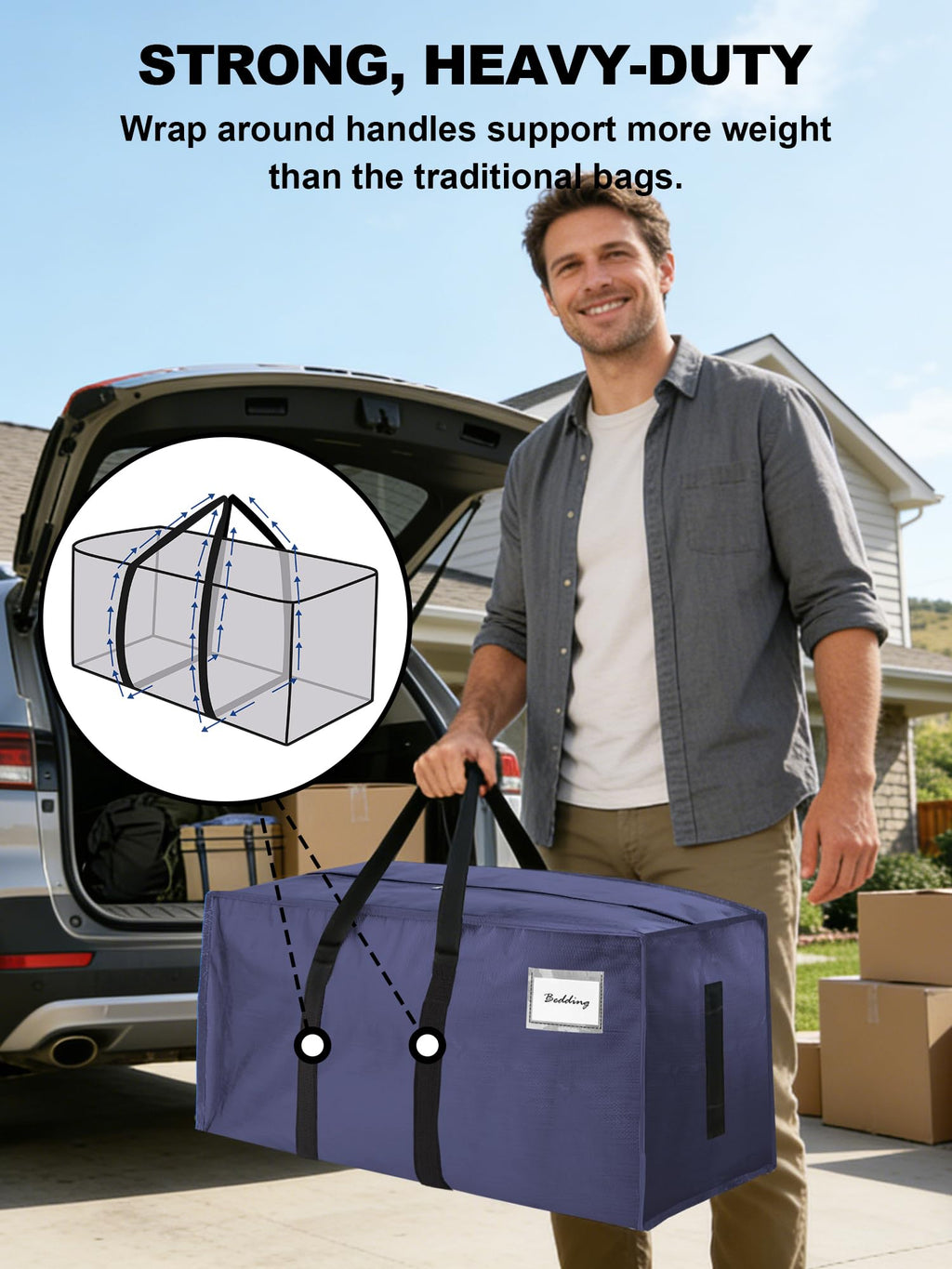 HOMESURE Supports 200lbs Heavy Duty Moving Bags - Strong Zipper & Wrap-Around Handles - Water-Resistant Storage Totes, Durable Alternative to Moving Boxes - 4 Pack - Semi-Transparent