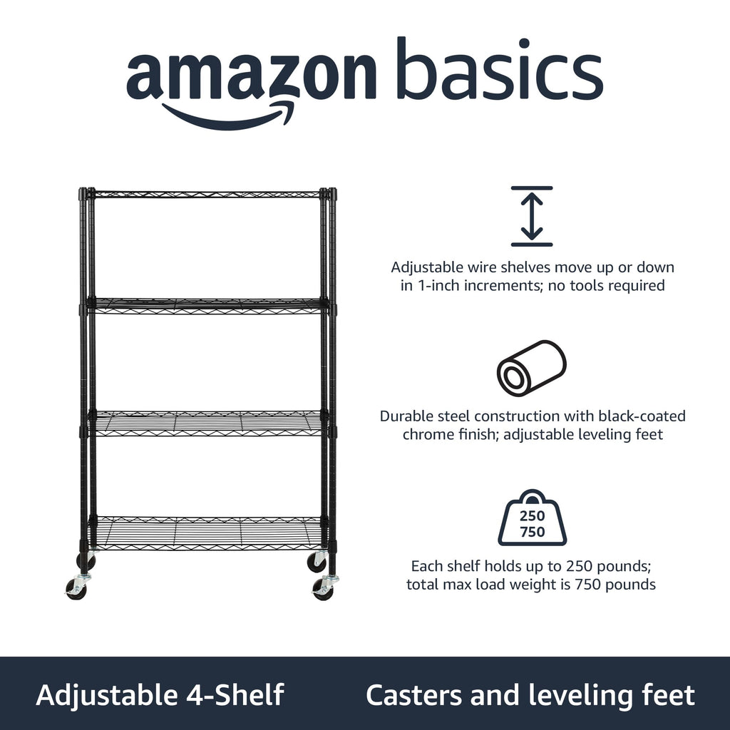 Amazon Basics 5-Shelf Tower Adjustable Storage Shelving Unit, Chrome, 16" x 16" x 54", 150 lbs Per Shelf