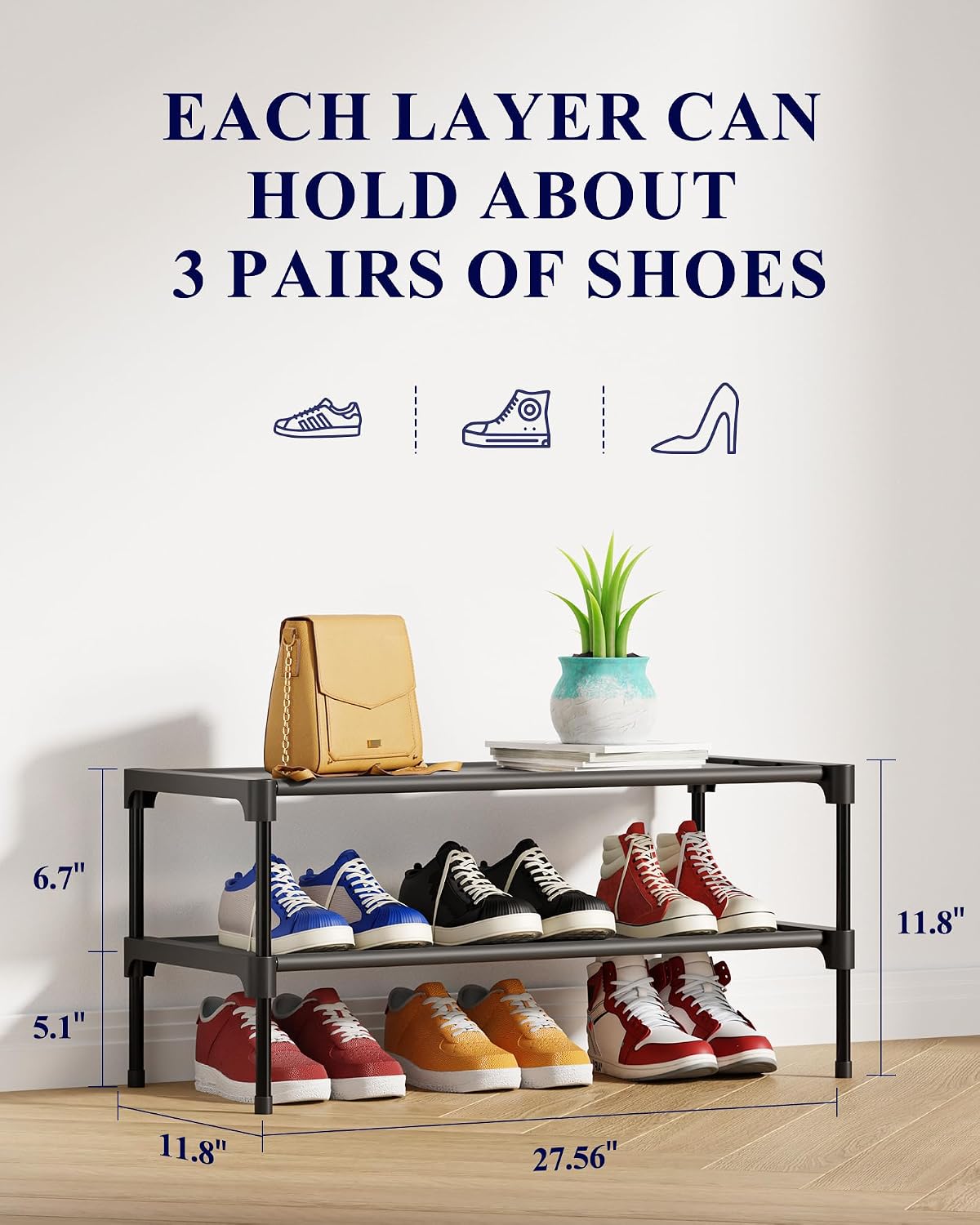 Kitsure Shoe Rack - Non-Woven Shoe Rack Shelf, Shoe Organizer for Closet, Entryway, Garage & Corridor, Stackable Shoe Shelves, 27.5" Wide - 2 Tier, Black