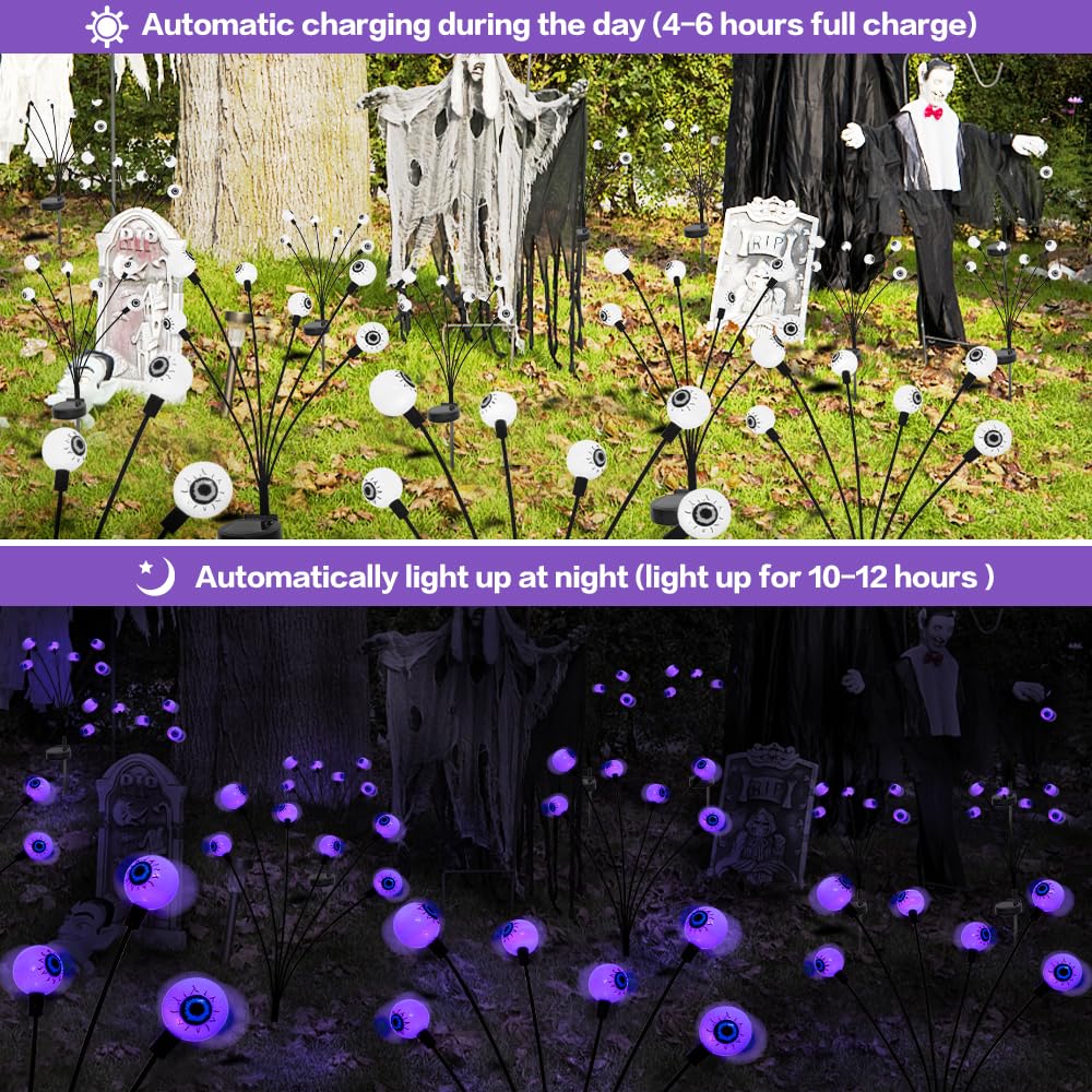 BeHiller Halloween Decorations Outdoor Solar Scary Eyeball Lights,2PACKS 12LED Green Eyeball Swaying Firefly Lights,Waterproof Solar Halloween Path Lights for Yard/Garden/Lawn/Party Decor