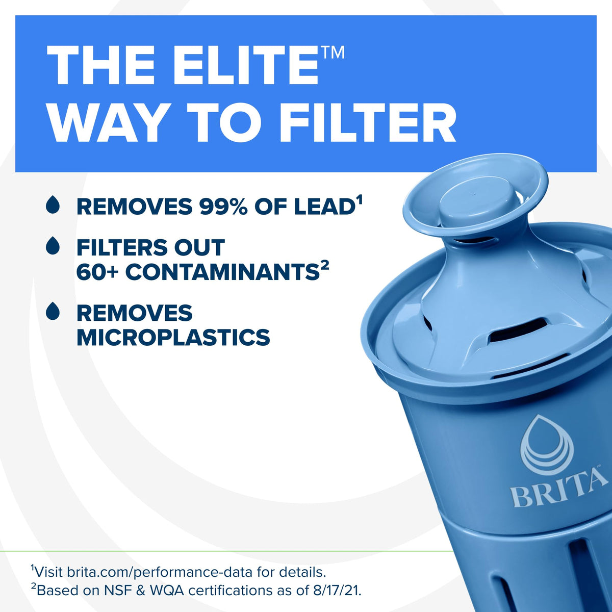 Brita Large 10-Cup Elite Water Filter Pitcher, WQA NSF/ANSI Certified, Reduces 99% of Lead, Microplastics, & 30 Contaminants, BPA-Free, Removes Chlorine Taste & Odor, 1 Filter Included, White