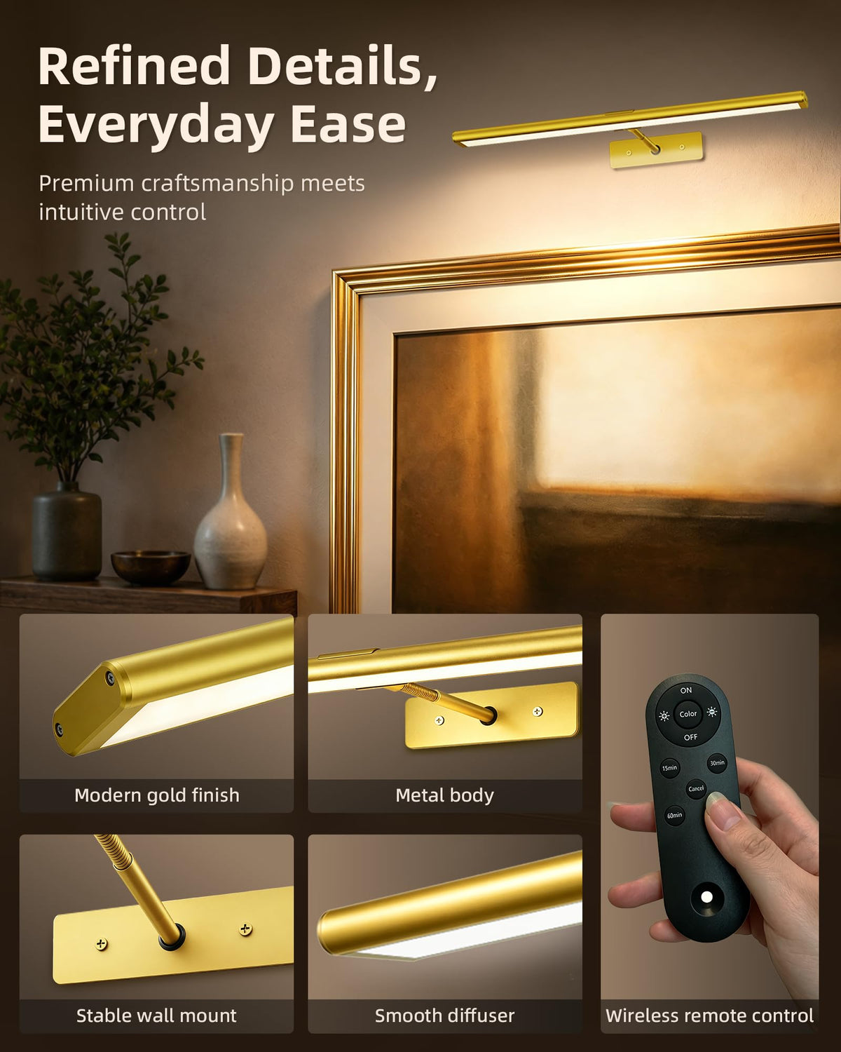 EZVALO Picture Light for Wall, 13'' Rechargeable Magnetic with Remote