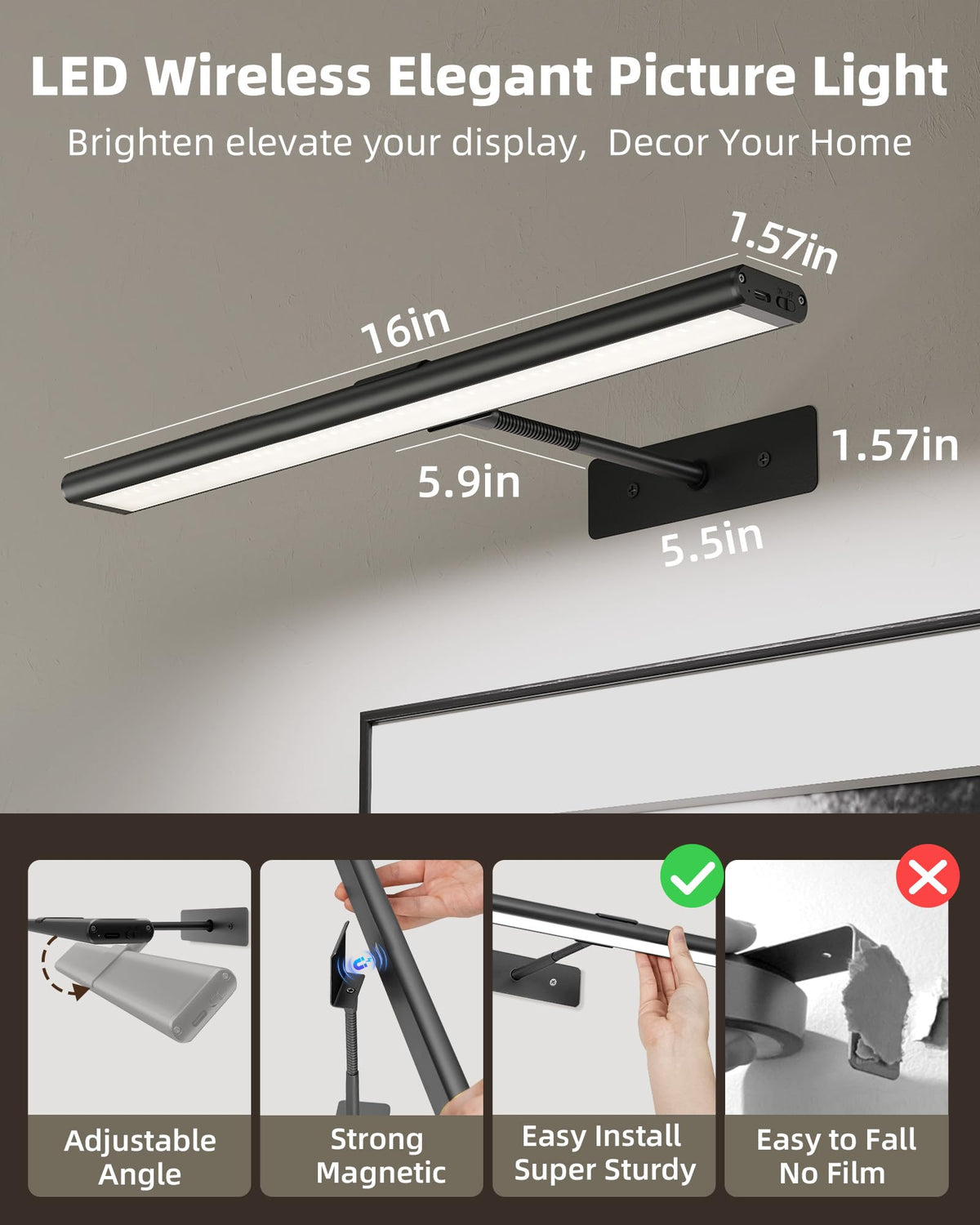 EZVALO Picture Light for Wall, 13'' Rechargeable Magnetic with Remote