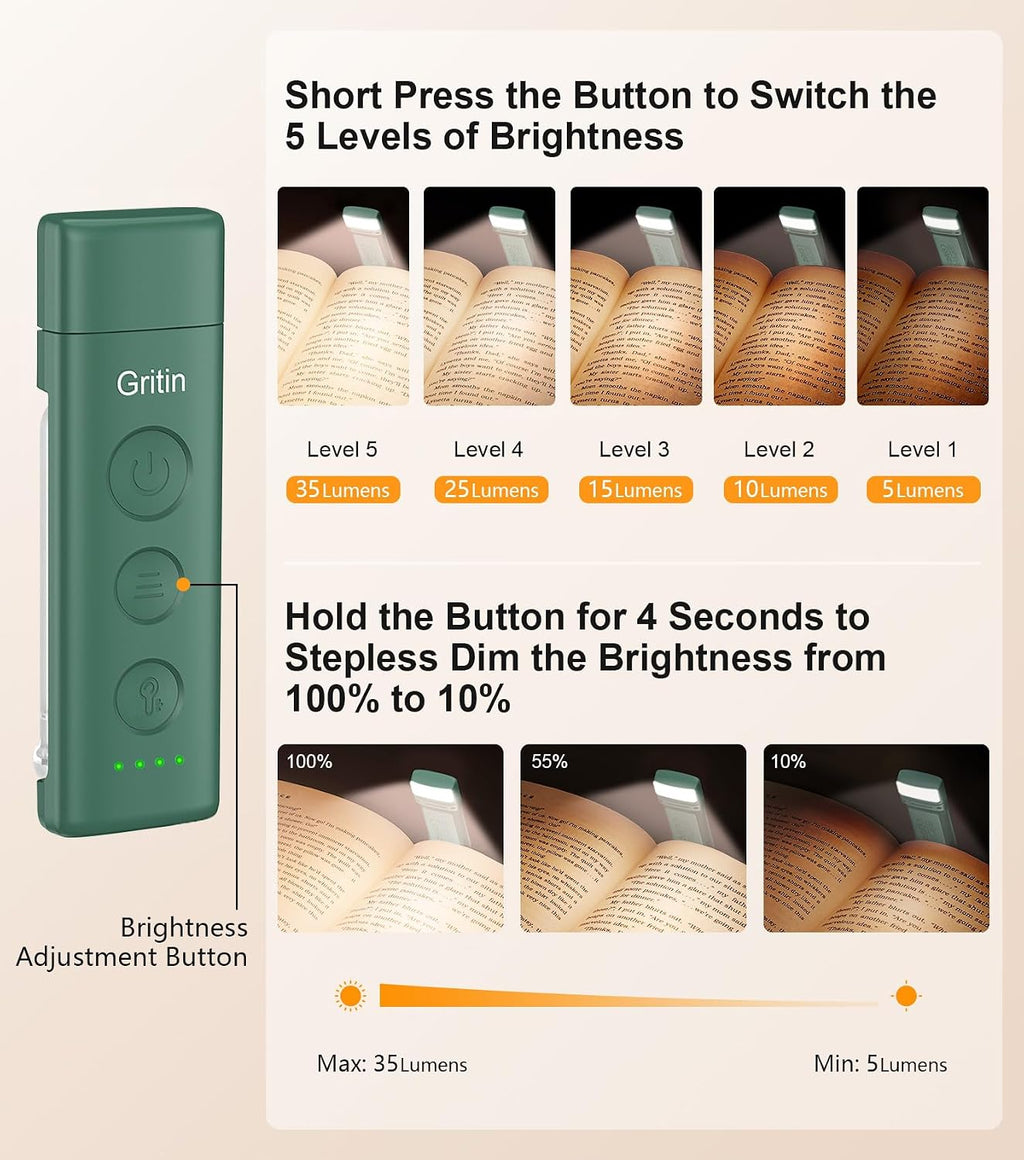 Gritin Book Light Rechargeable, Clip on LED Reading Light for Books in Bed