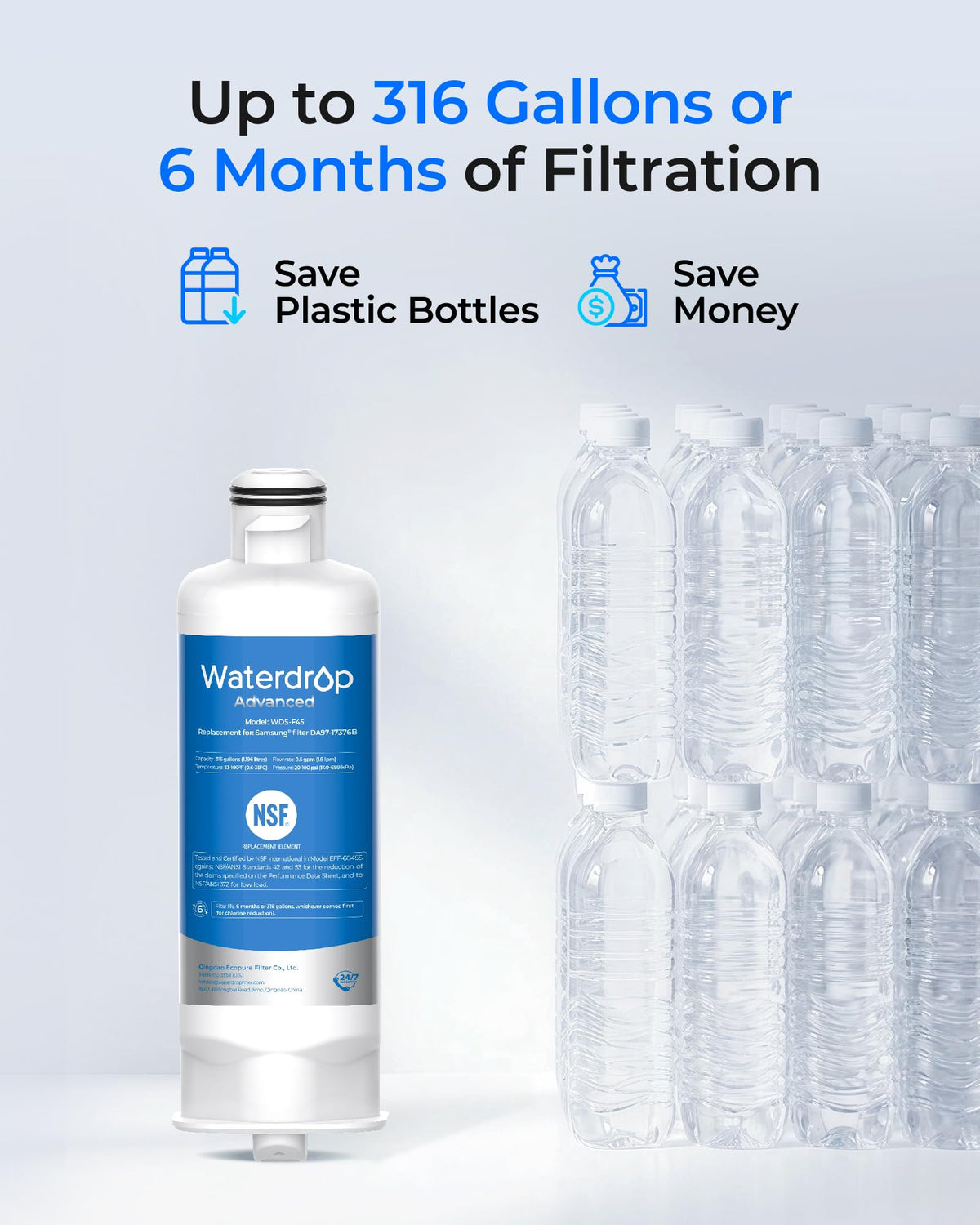Waterdrop WD-F45 Water Filter, Replacement for Samsung® DA97-17376B, 3 Pack