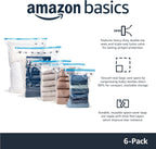 Amazon Basics Vacuum Storage Bags for Clothes, Space Saving Compression Storage Bags with Hand Pump, Heavy Duty, Stackable, Jumbo Size, Clear, 6-Pack