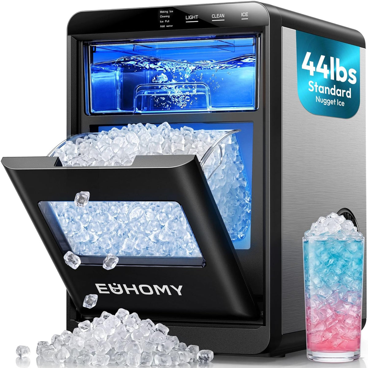 EUHOMY Nugget Ice Maker Countertop, 44lbs/24H, Ready in 7-10Mins, Black