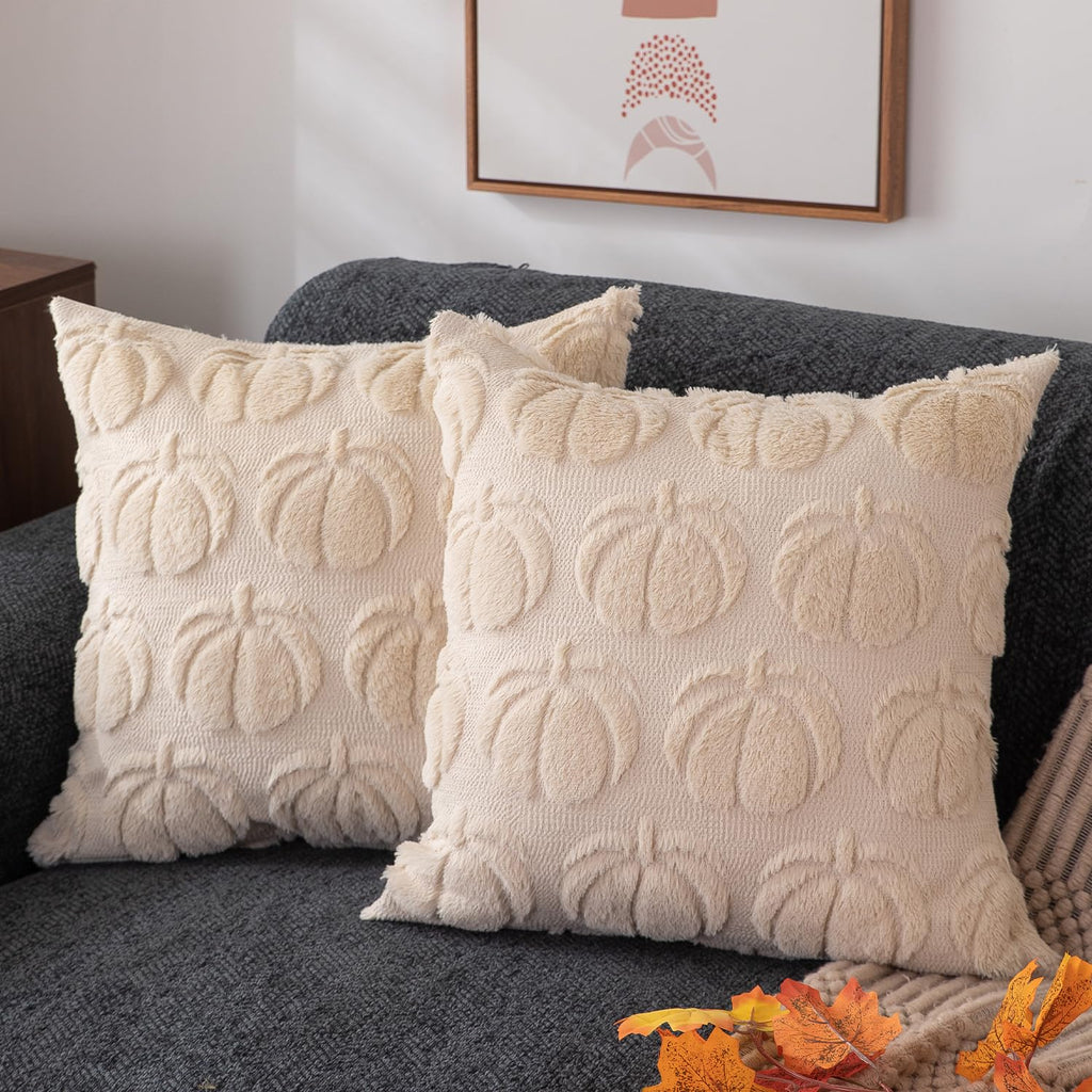 DFXSZ Fall Pillow Covers 18x18 2Pcs Beige Brown Pumpkin Fall Decorations