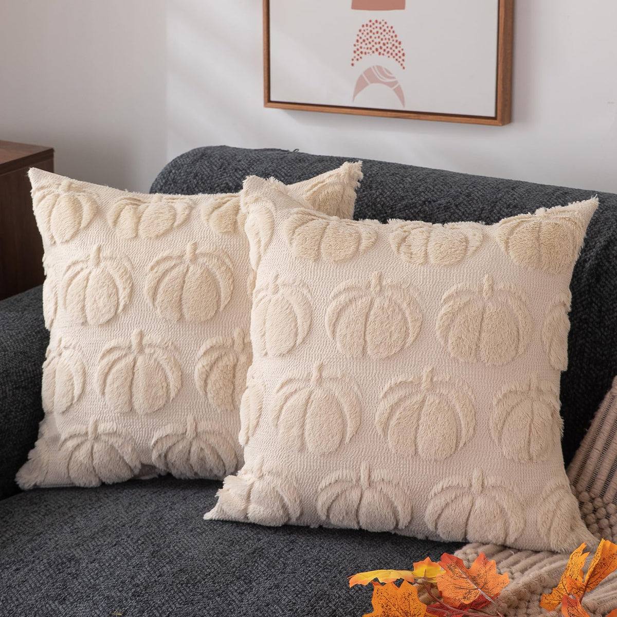 DFXSZ Fall Pillow Covers 18x18 2Pcs Beige Brown Pumpkin Fall Decorations