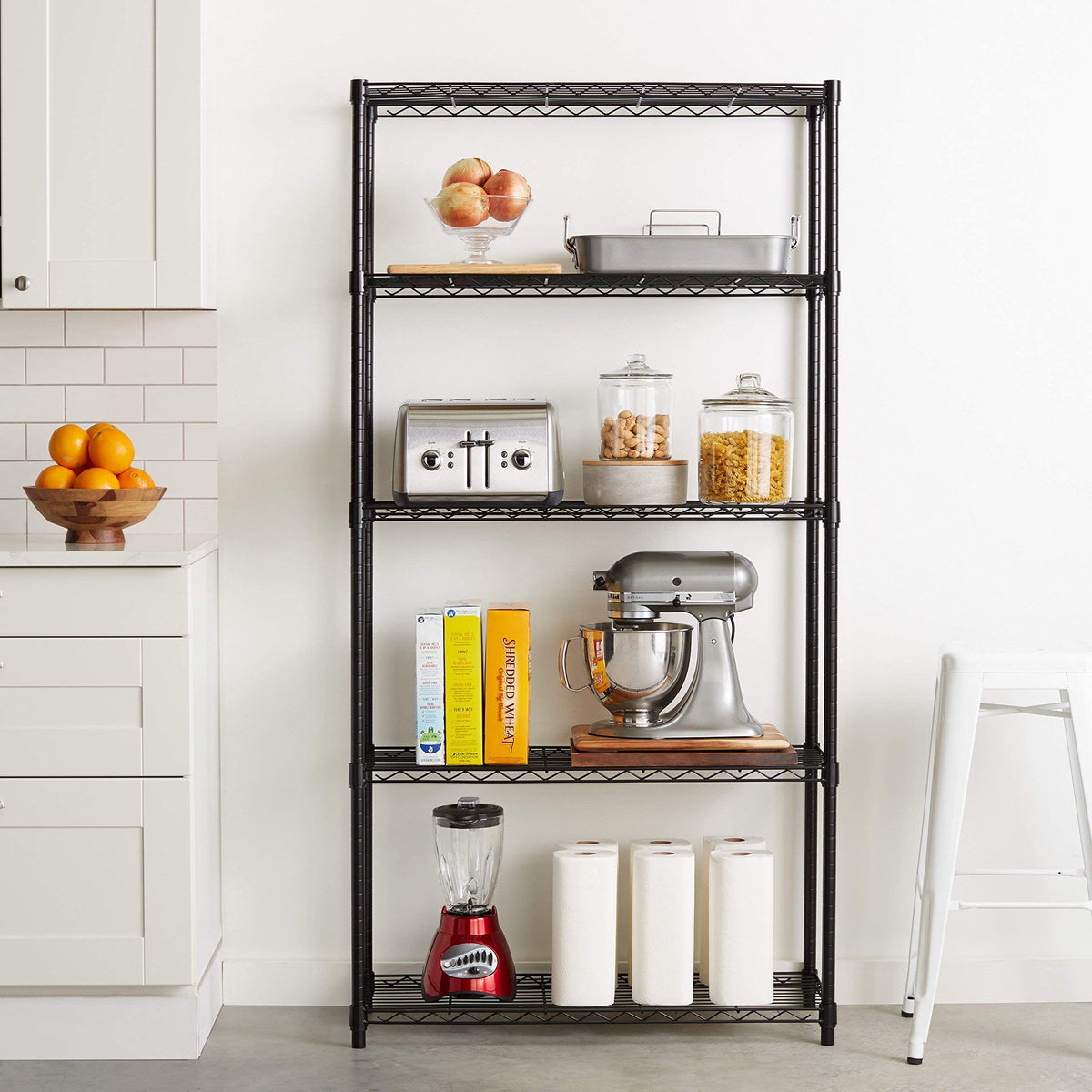 Amazon Basics 5-Shelf Tower Adjustable Storage Shelving Unit, Chrome, 16" x 16" x 54", 150 lbs Per Shelf