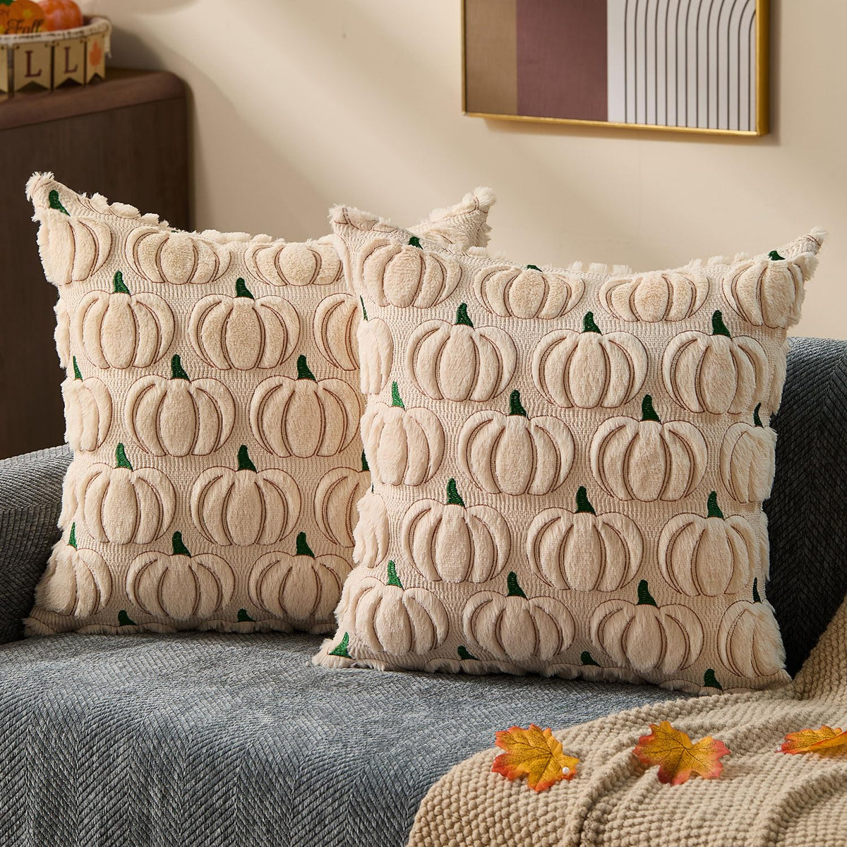 DFXSZ Fall Pillow Covers 18x18 2Pcs Beige Brown Pumpkin Fall Decorations