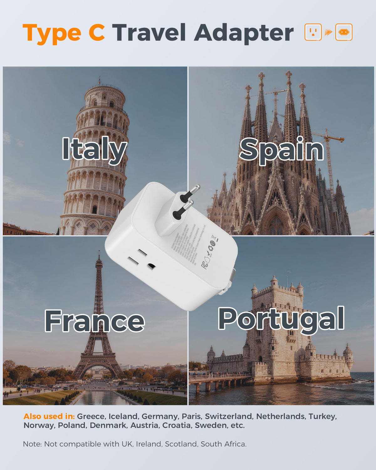 TESSAN European Travel Plug Adapter 2 Pack, Type C Plug