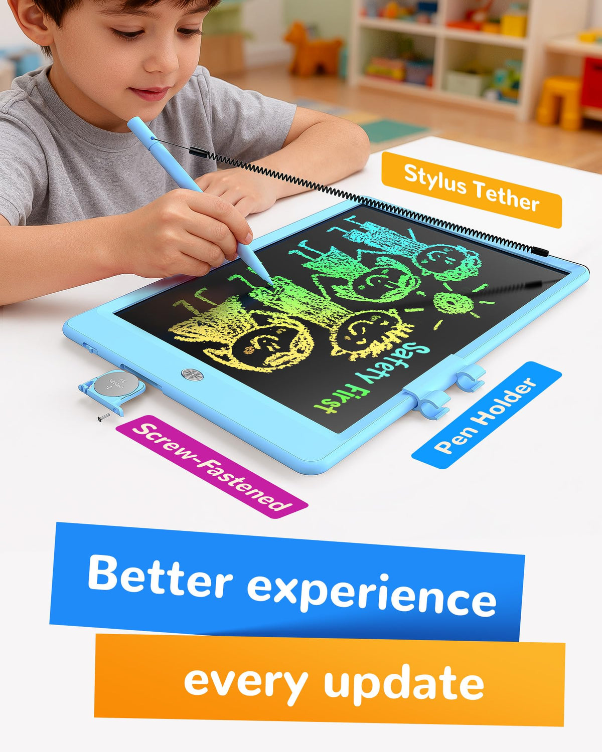 KOKODI LCD Writing Tablet, 12 Inch Colorful Toddler Doodle Board Drawing Tablet, Erasable Reusable Electronic Drawing Pads, Educational and Learning Toy for 3-6 Years Old Boy and Girls(Blue)