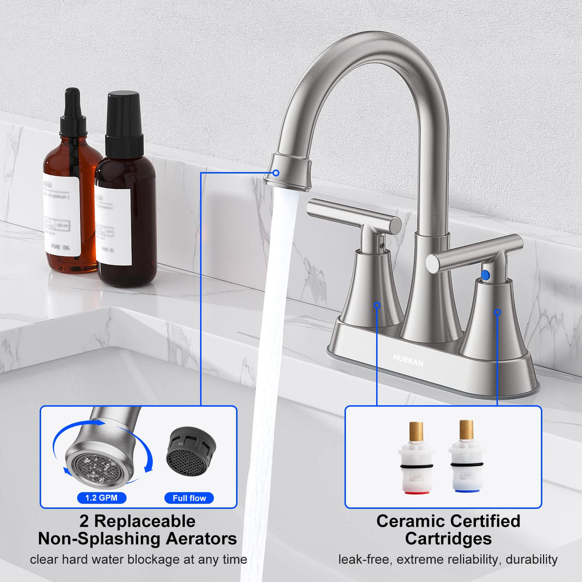 Matte Black Bathroom Faucet, Hurran 4 inch Centerset 2-Handle Lead-Free
