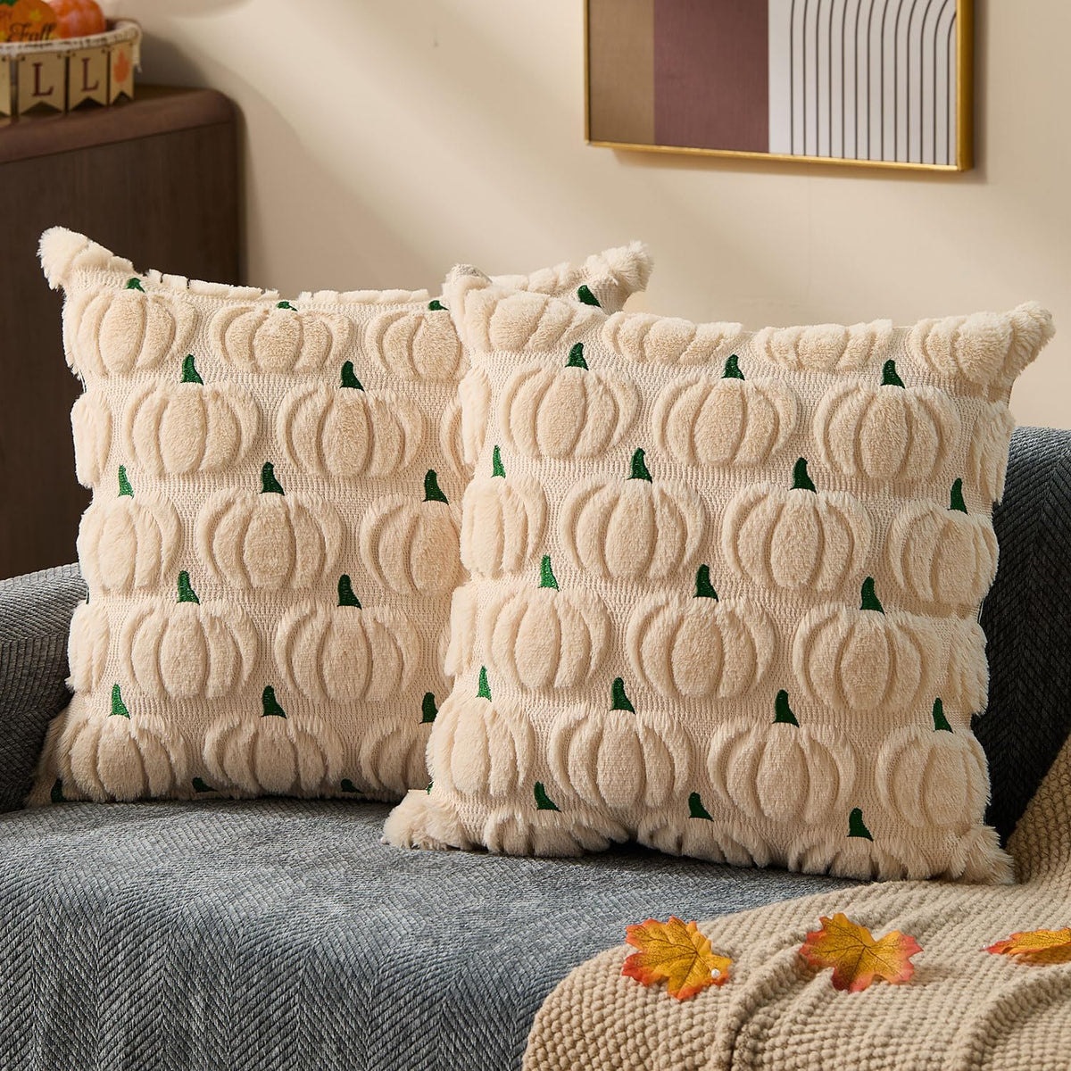 DFXSZ Fall Pillow Covers 18x18 2Pcs Beige Brown Pumpkin Fall Decorations