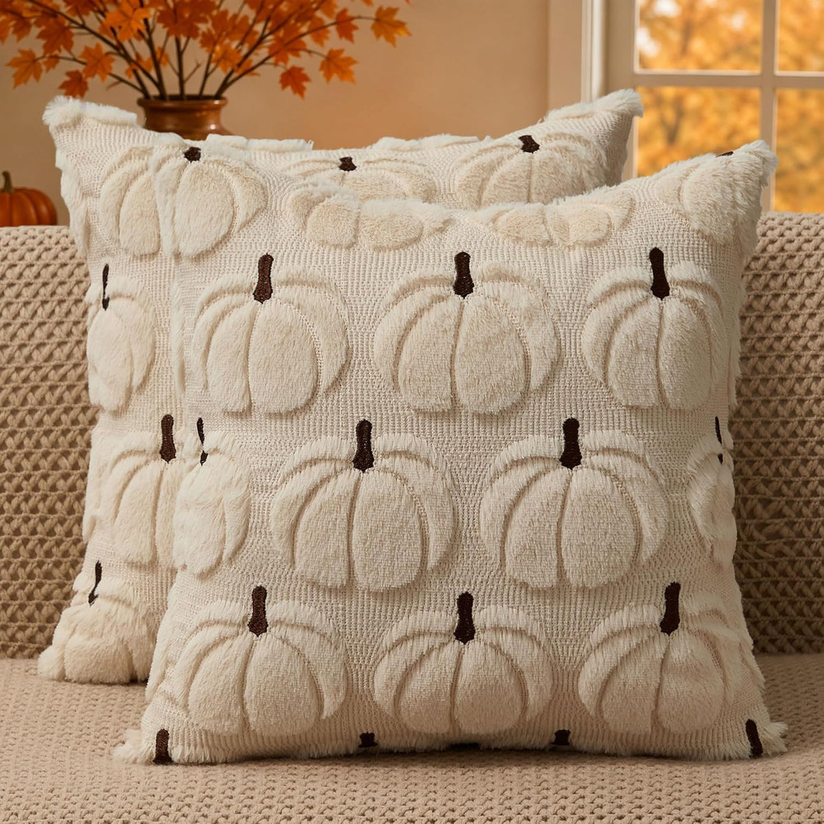 DFXSZ Fall Pillow Covers 18x18 2Pcs Beige Brown Pumpkin Fall Decorations