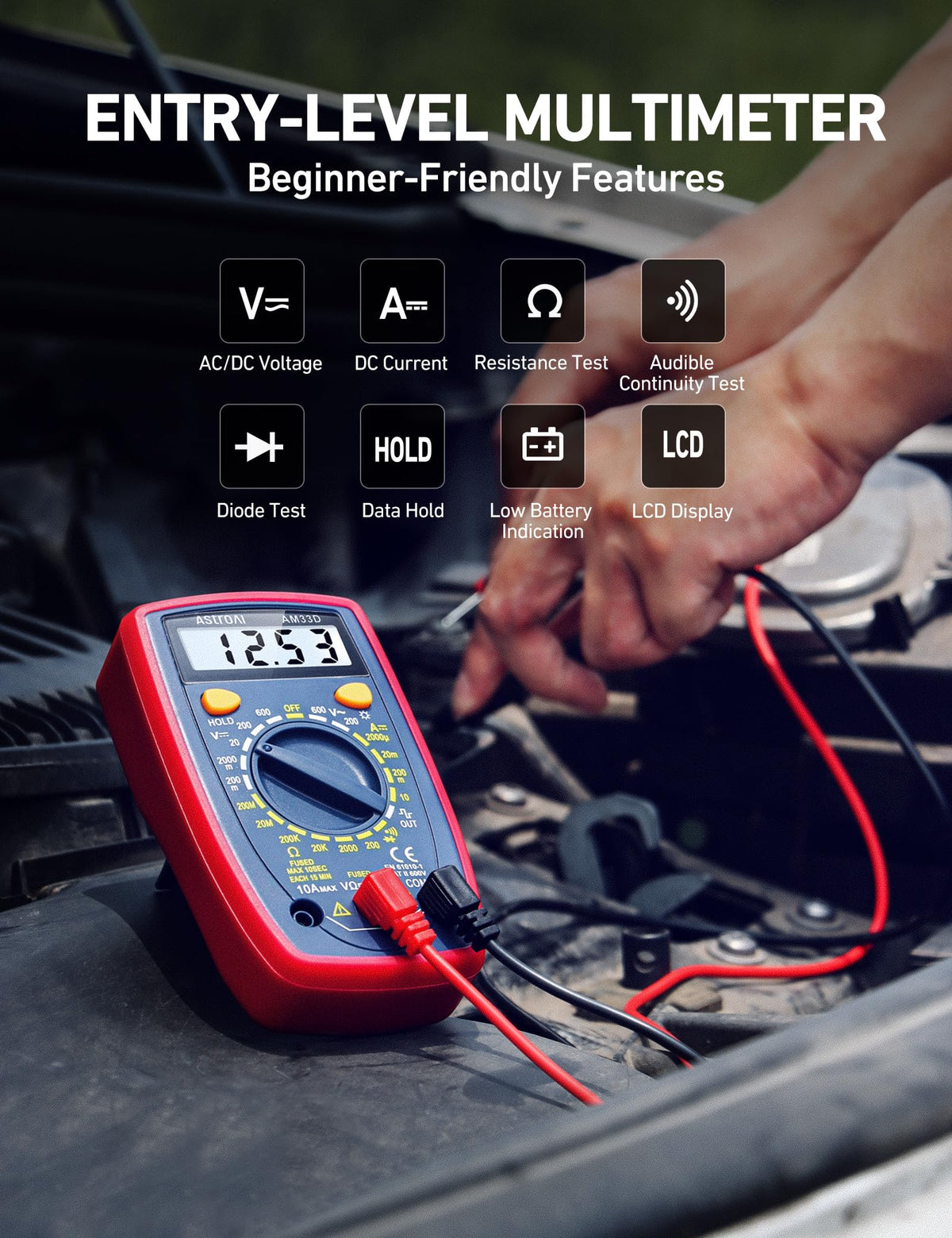 AstroAI Digital Multimeter Tester with Capacitance, 2000 Counts DC AC Voltmeter and Ohm Volt Amp Meter; Measures Voltage, Current, Resistance, Capacitance, Continuity and Diode, Orange