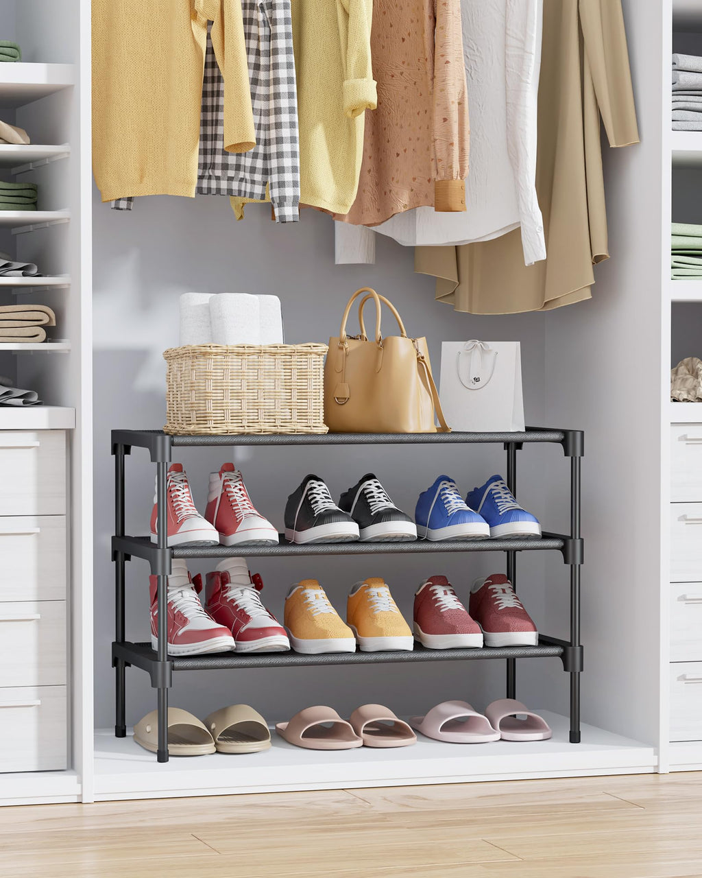 Kitsure Shoe Rack - Non-Woven Shoe Rack Shelf, Shoe Organizer for Closet, Entryway, Garage & Corridor, Stackable Shoe Shelves, 27.5" Wide - 2 Tier, Black
