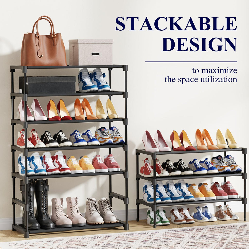 Kitsure Shoe Rack - Non-Woven Shoe Rack Shelf, Shoe Organizer for Closet, Entryway, Garage & Corridor, Stackable Shoe Shelves, 27.5" Wide - 2 Tier, Black