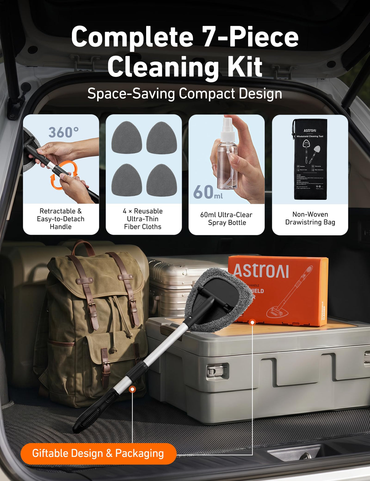 AstroAI Windshield Cleaner Tool & Car Interior Detailing Kit, Blue, 26 in