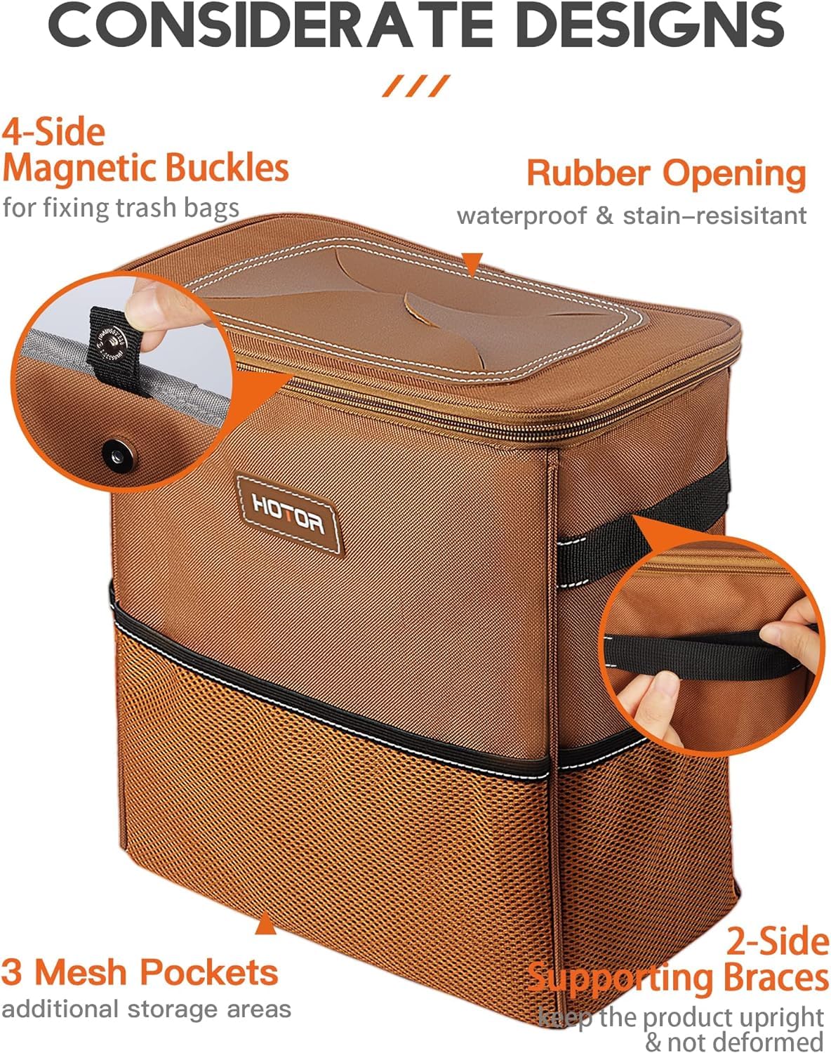 HOTOR Car Trash Can, Leakproof Car Organizer, 2-Gallon, Brown