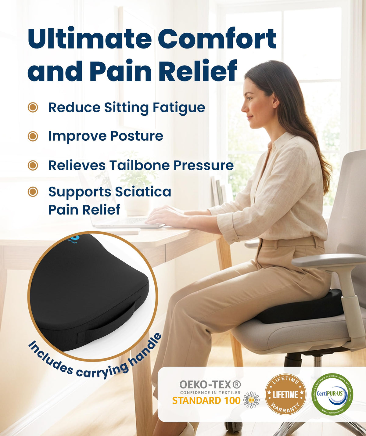Everlasting Comfort Doctor Recommended Memory Foam Seat Cushion for Office Chairs & Car - Ergonomic Office Desk Accessories - Cushions for Tailbone Pain Relief, Sciatica (Black, Large)