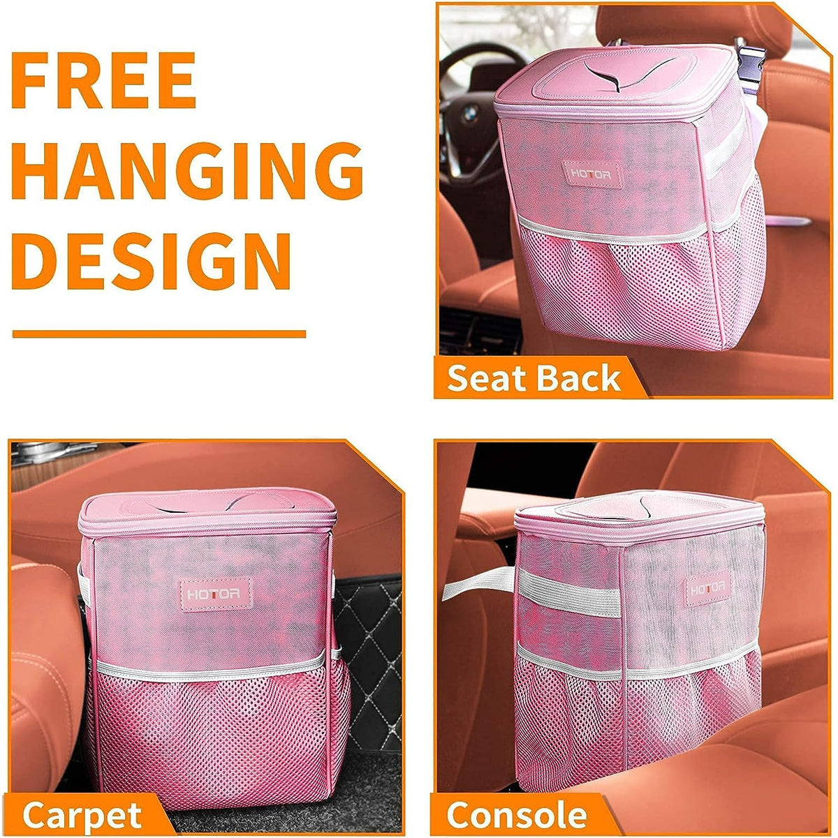 HOTOR Car Trash Can, Leakproof Car Organizer, 2-Gallon, Brown