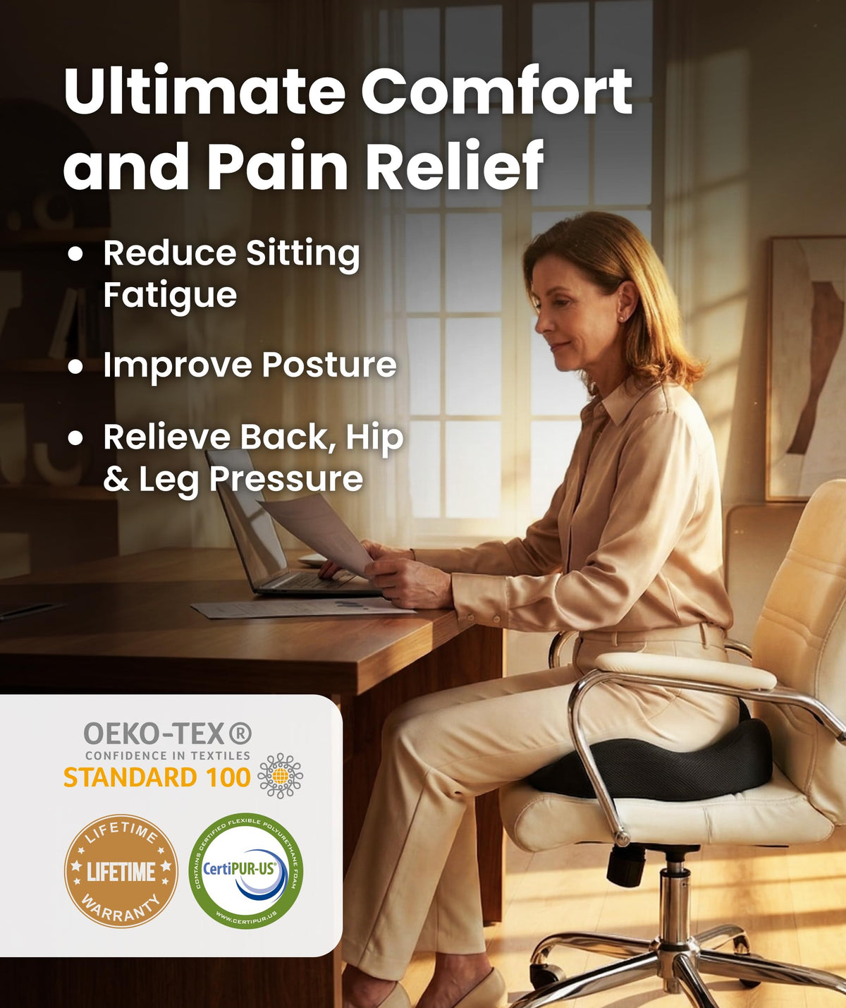 Everlasting Comfort Doctor Recommended Memory Foam Seat Cushion for Office Chairs & Car - Ergonomic Office Desk Accessories - Cushions for Tailbone Pain Relief, Sciatica (Black, Large)