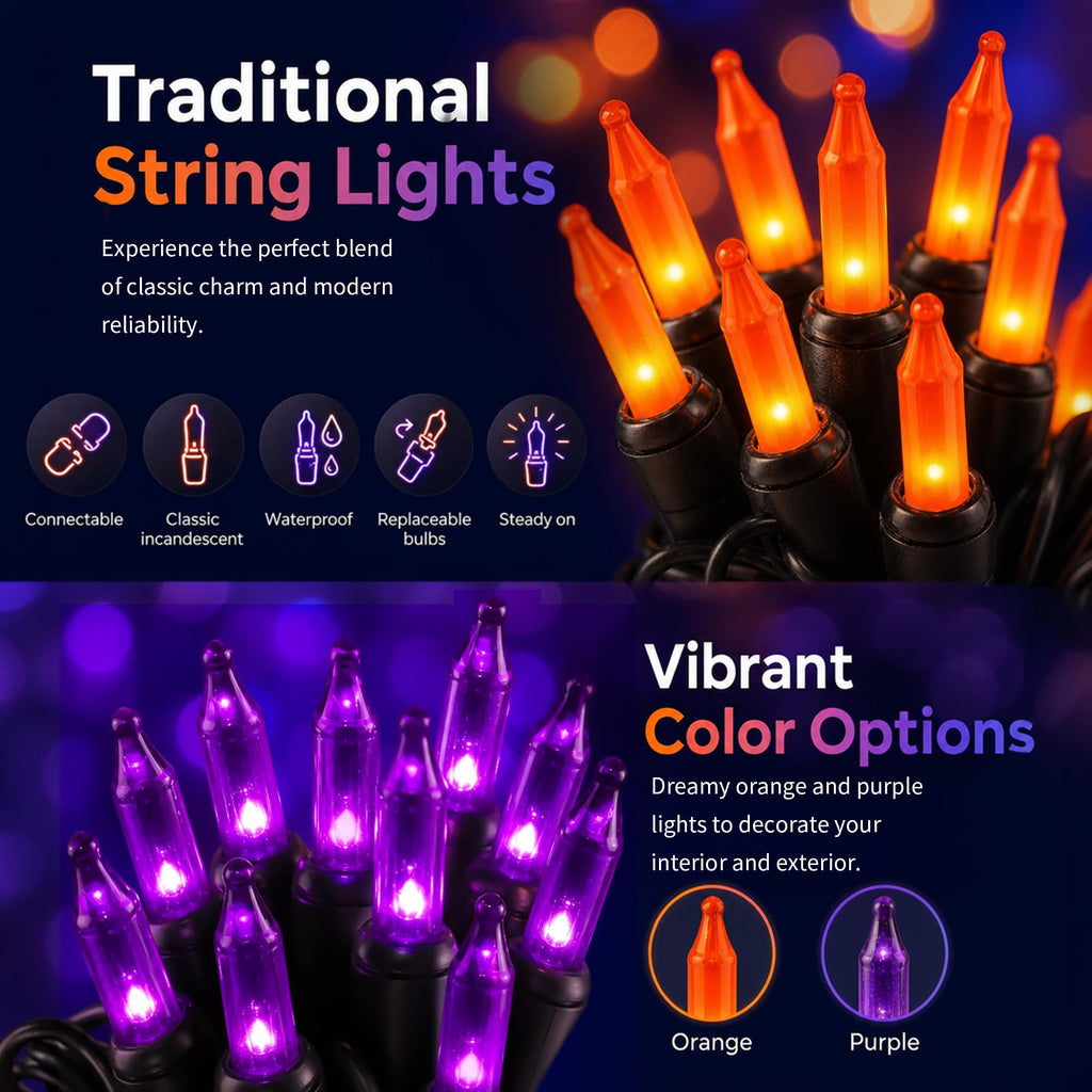 TW SHINE Orange Halloween Lights, 20FT 100 Count Incandescent Mini String Lights, Waterproof Halloween Decorations for Outdoor Indoor Patio Home Party Garden Yard Decor