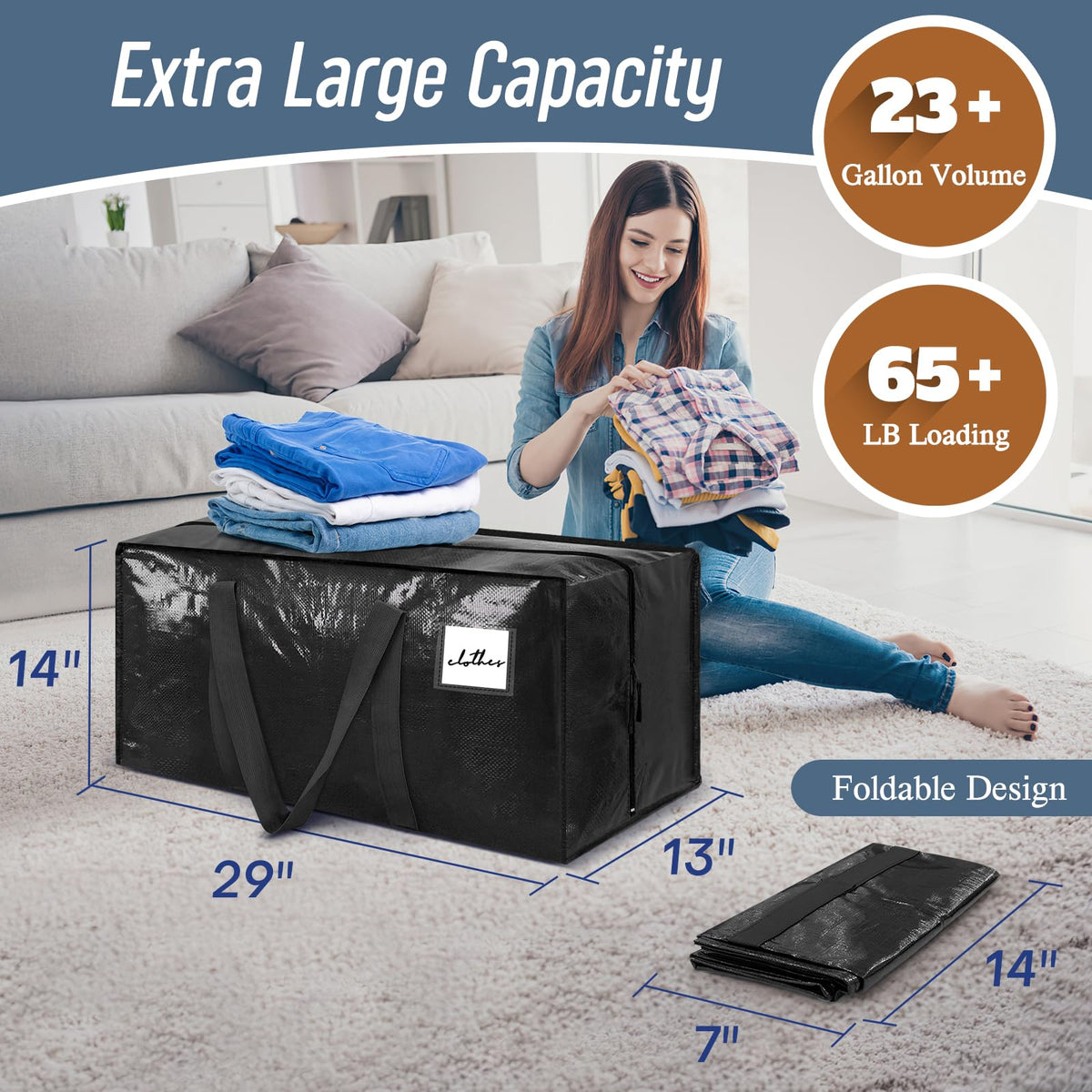 6 Pack Extra Heavy Duty Large Moving Bags with Strong Zipper, Dark Blue