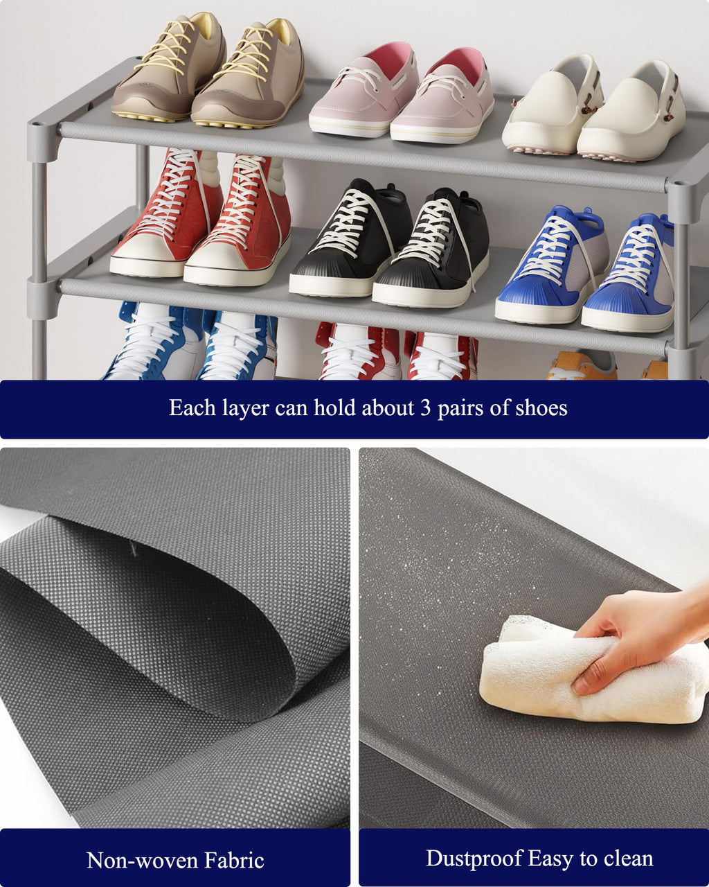 Kitsure Shoe Rack - Non-Woven Shoe Rack Shelf, Shoe Organizer for Closet, Entryway, Garage & Corridor, Stackable Shoe Shelves, 27.5" Wide - 2 Tier, Black
