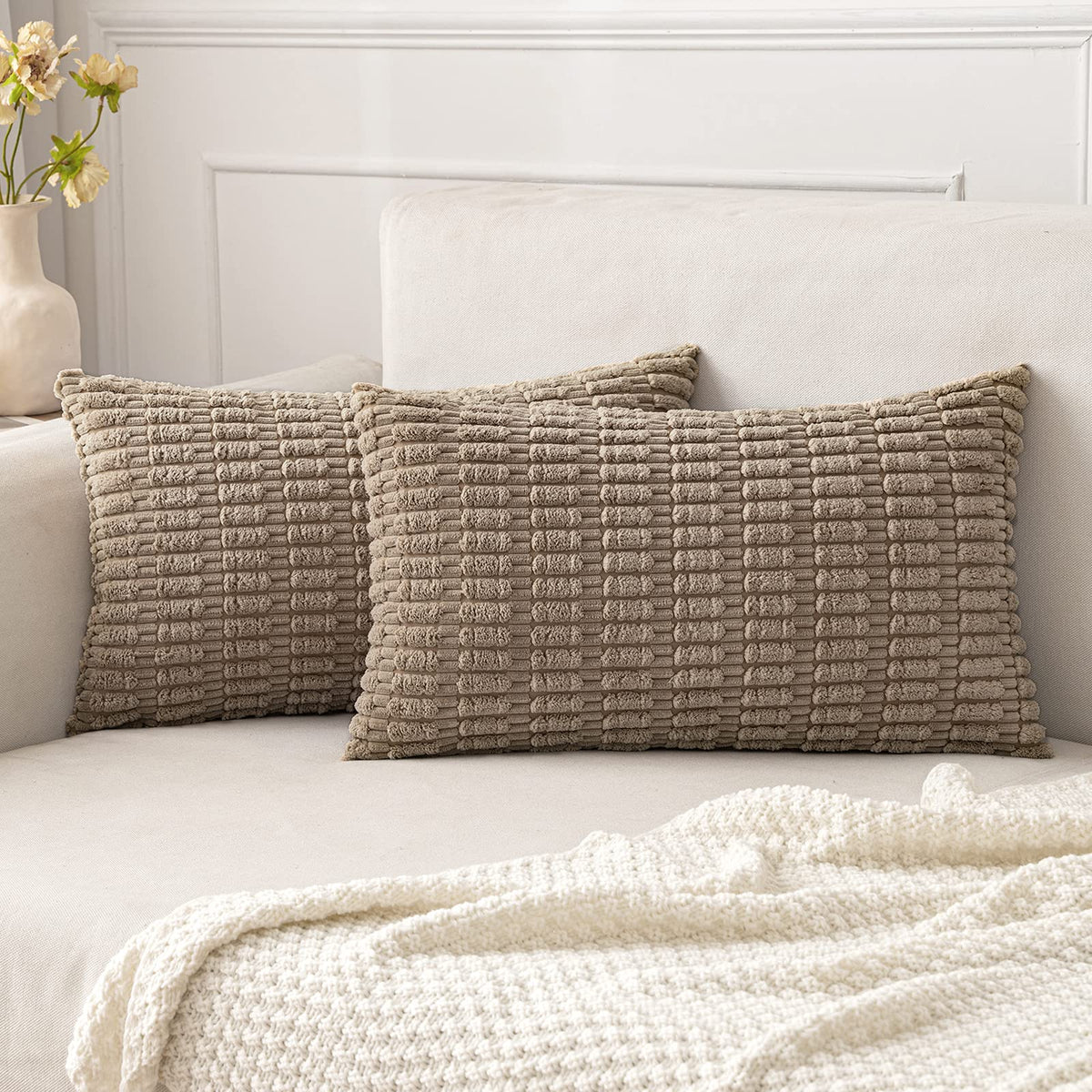 MIULEE Corduroy Decorative Throw Pillow Covers 18x18 Light Brown Pack of 2