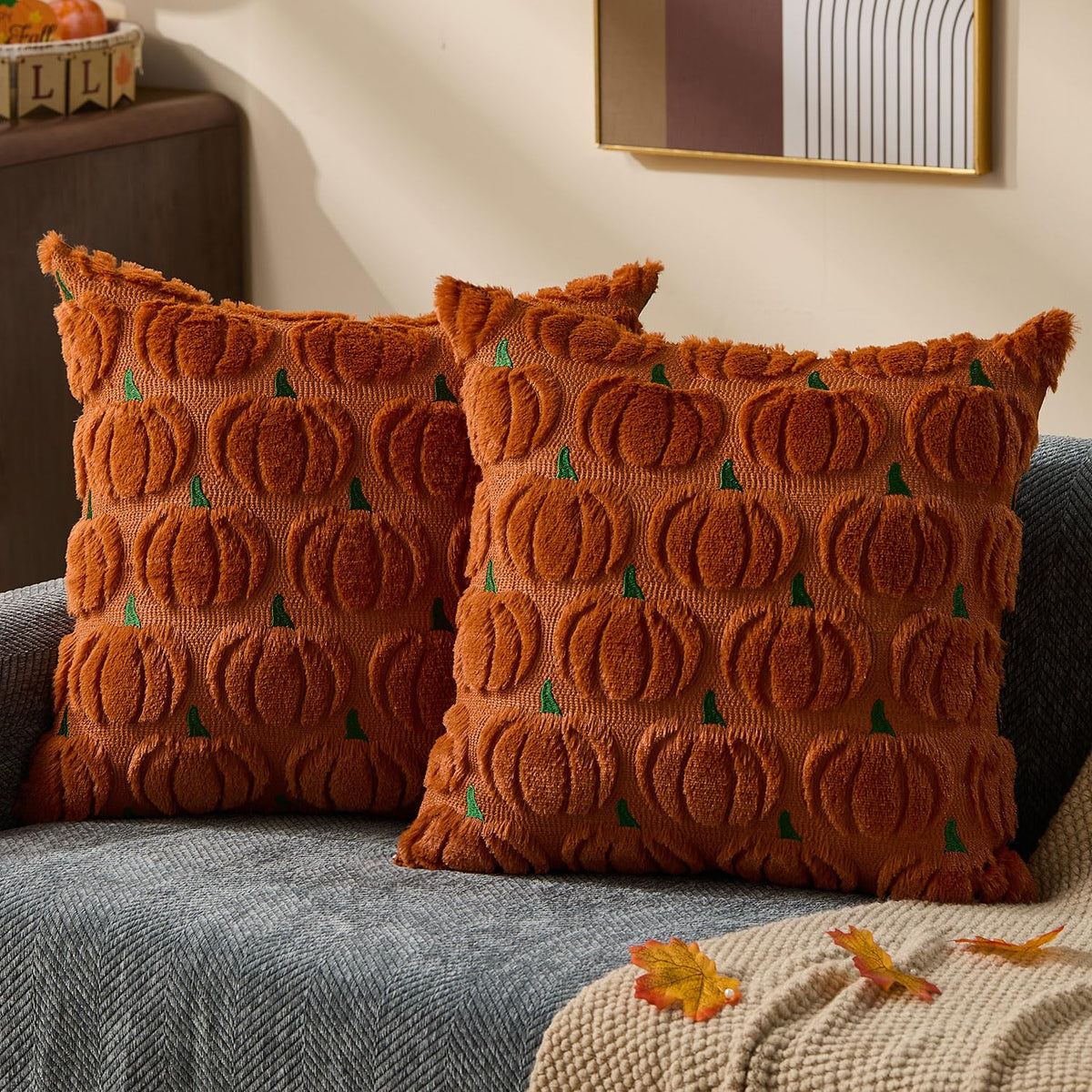 DFXSZ Fall Pillow Covers 18x18 2Pcs Beige Brown Pumpkin Fall Decorations