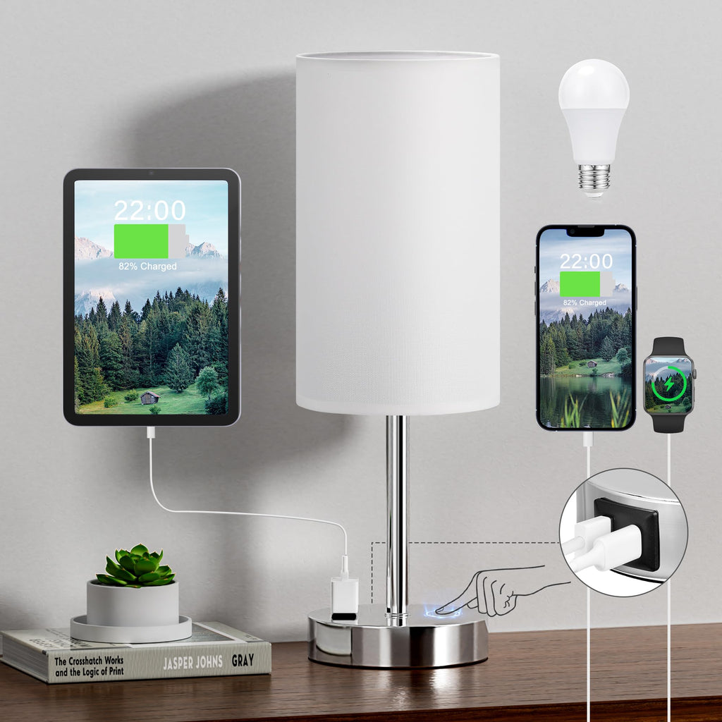 Fenmzee Bedside Table Lamp for Bedroom - Dimmable Touch, USB A+C, AC Outlet