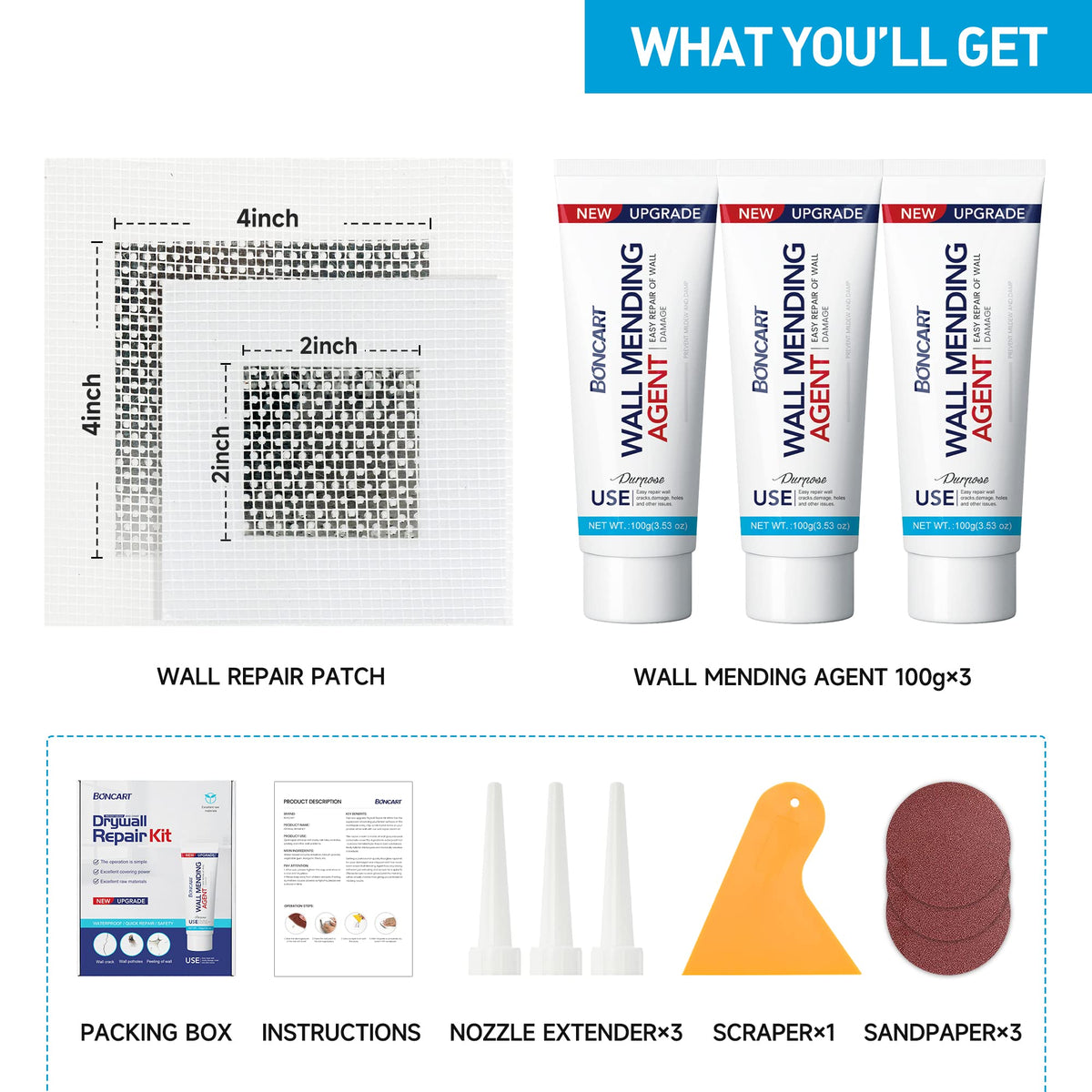 BONCART Spackle wall Repair Kit, 3-Pack Mending Agent Putty with Tools