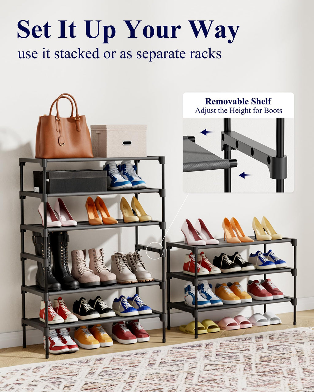 Kitsure Shoe Rack - Non-Woven Shoe Rack Shelf, Shoe Organizer for Closet, Entryway, Garage & Corridor, Stackable Shoe Shelves, 27.5" Wide - 2 Tier, Black