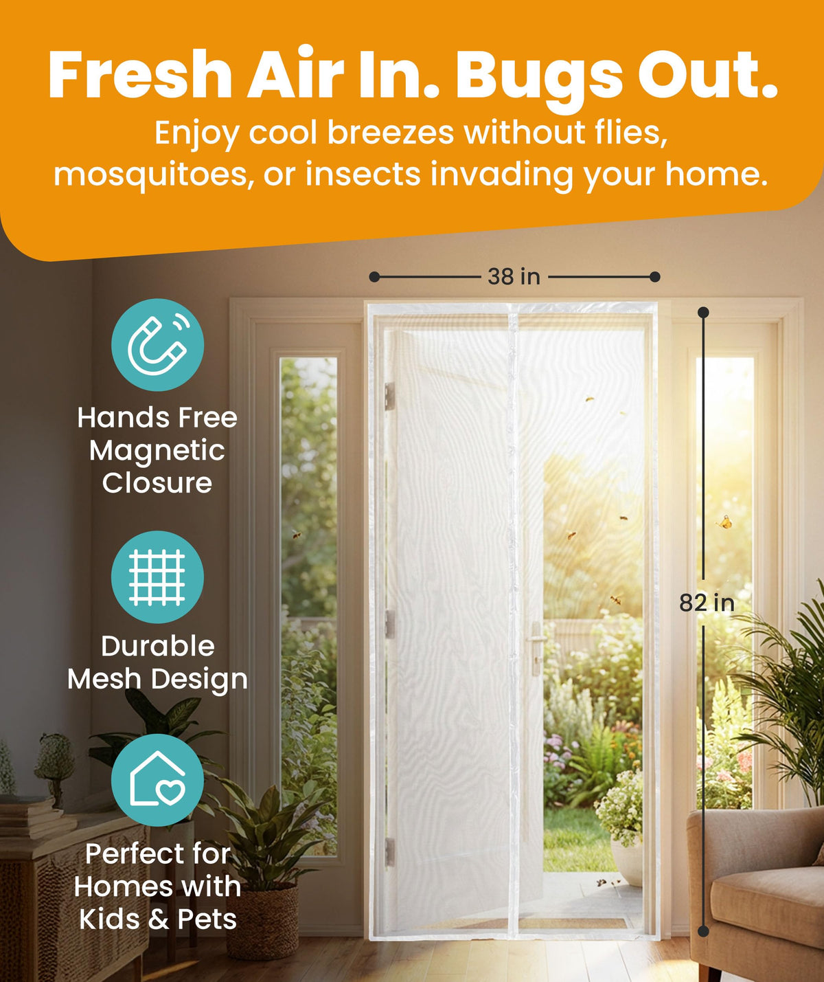 Flux Phenom Magnetic Screen Door (White) - Bugs Out, Breeze in - 9min Install Auto-Sealing Heavy Duty Double Stitched Mesh, 52 Magnets, Hands Free Patio Doors Net, Pet & Kid Friendly, 38 x 82 Inch