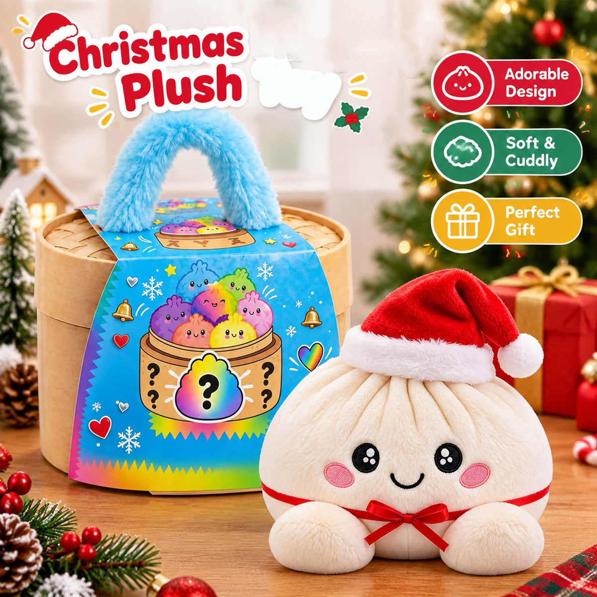 Plush Stuffed Dumpling Squishies, 3.94" Big Rainbow Squishes with Steamer