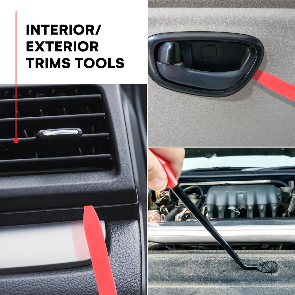 Auto Trim Removal Tool Kit (No Scratch Plastic Pry Kit), 5 Piece Set for Door Panel Removal Tool, Car Clips, Push Rivets, Molding, Dashboards, Interior Trim Tools, Red