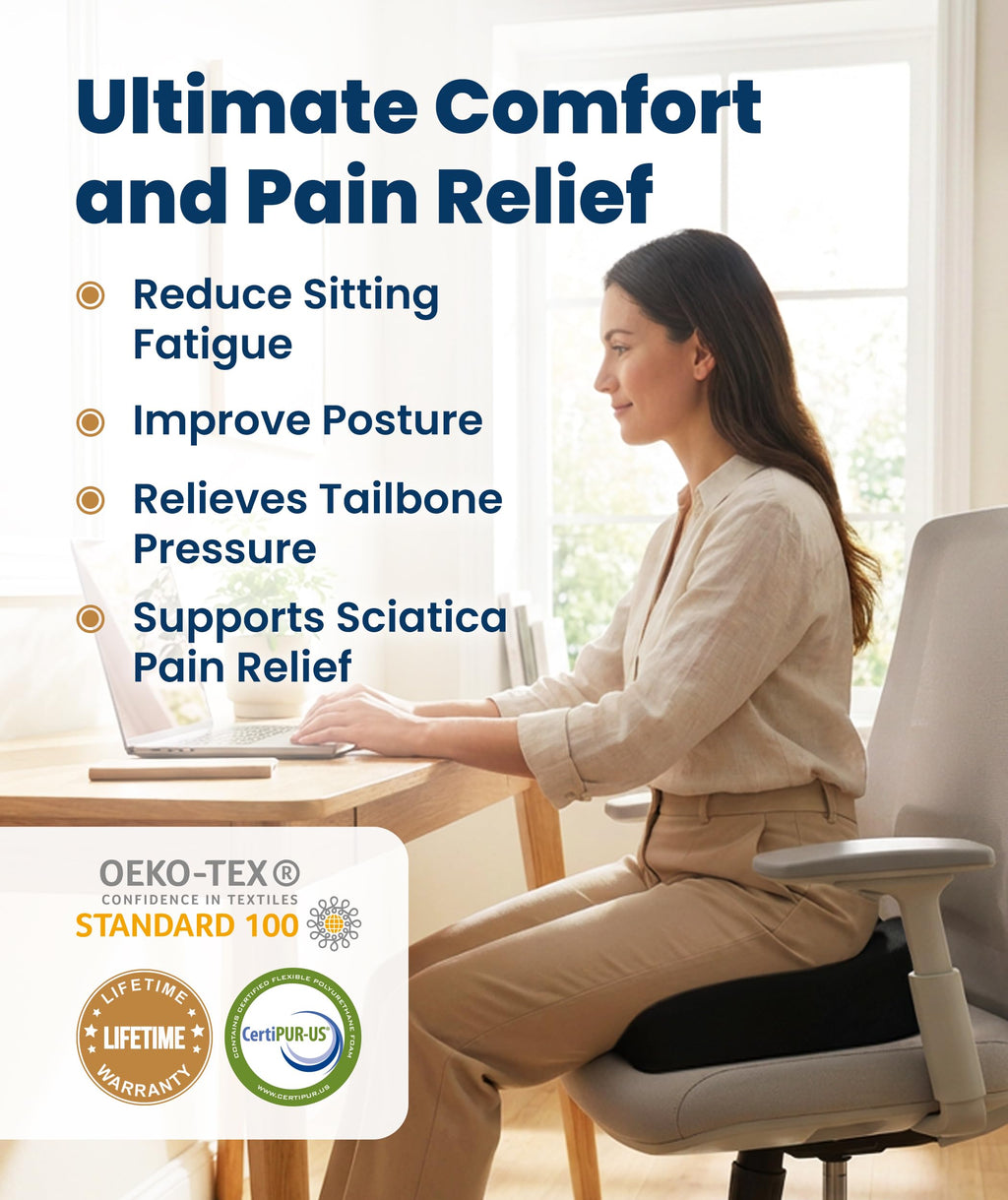 Everlasting Comfort Doctor Recommended Memory Foam Seat Cushion for Office Chairs & Car - Ergonomic Office Desk Accessories - Cushions for Tailbone Pain Relief, Sciatica (Black, Large)