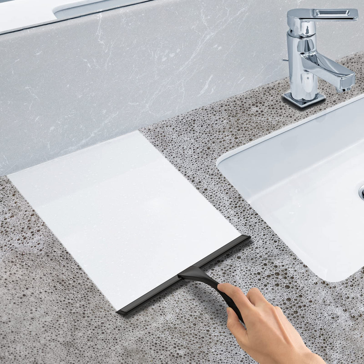 All-Purpose Stainless Steel Shower Squeegee for Shower Glass Door with 2 Adhesive Hooks, Bathroom Cleaner Tool Household Window Mirror Squeegee for Glass Doors, Cleaning Tile Wall, Car, 14 Inch Silver