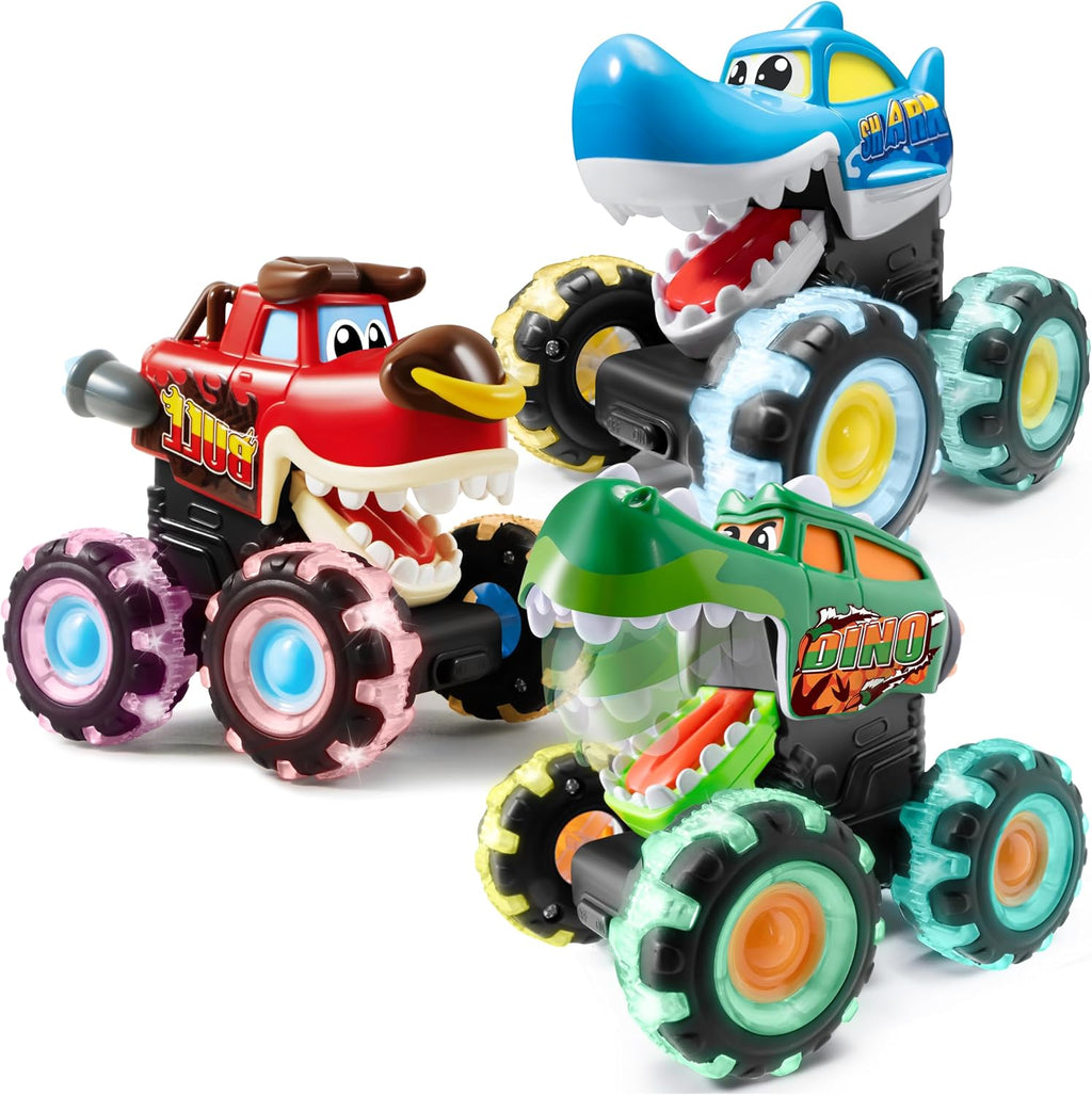 JOYIN 3 Pack Monster Truck Toy, Light Up Cars Press and Go Dinosaur Trucks