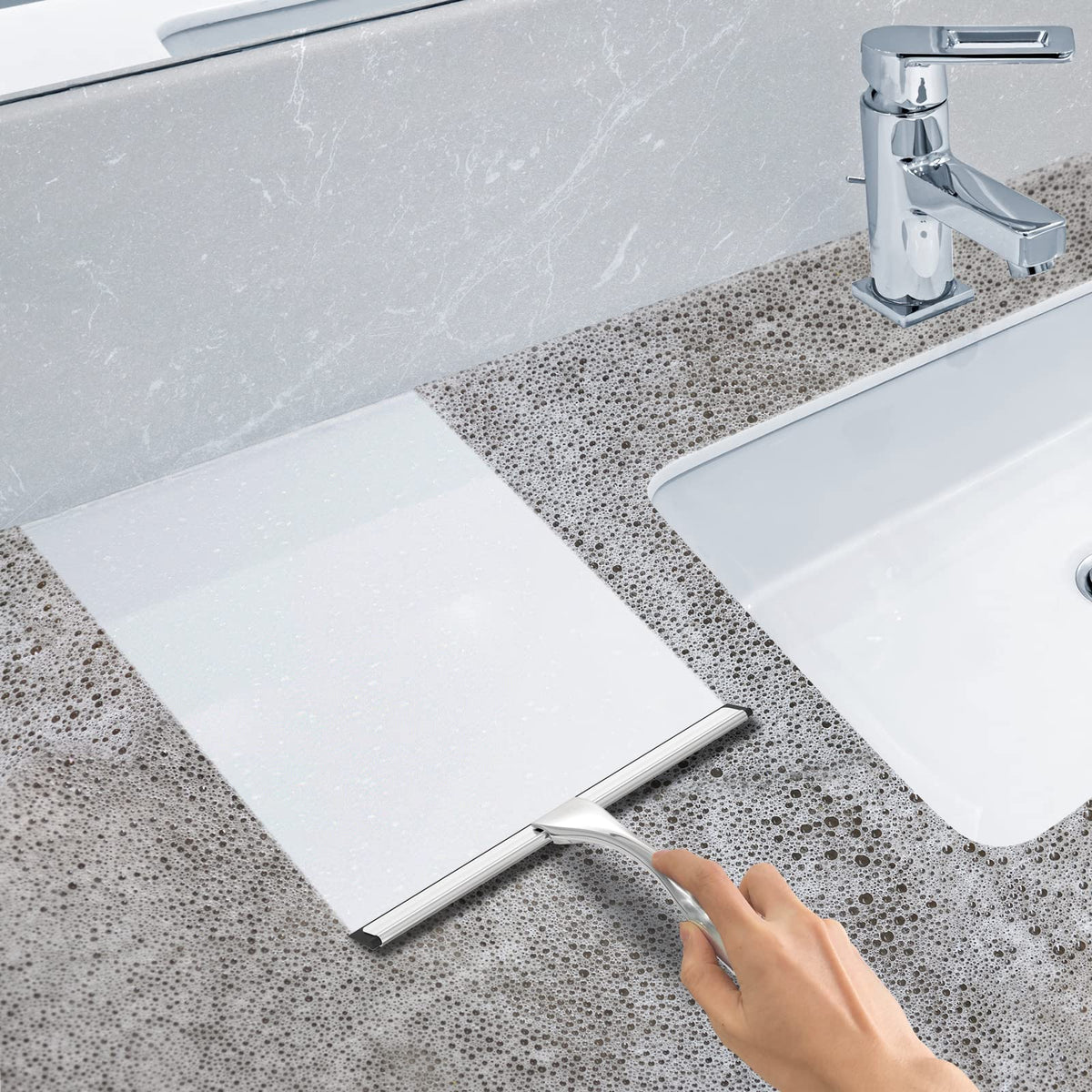 All-Purpose Stainless Steel Shower Squeegee for Shower Glass Door with 2 Adhesive Hooks, Bathroom Cleaner Tool Household Window Mirror Squeegee for Glass Doors, Cleaning Tile Wall, Car, 14 Inch Silver