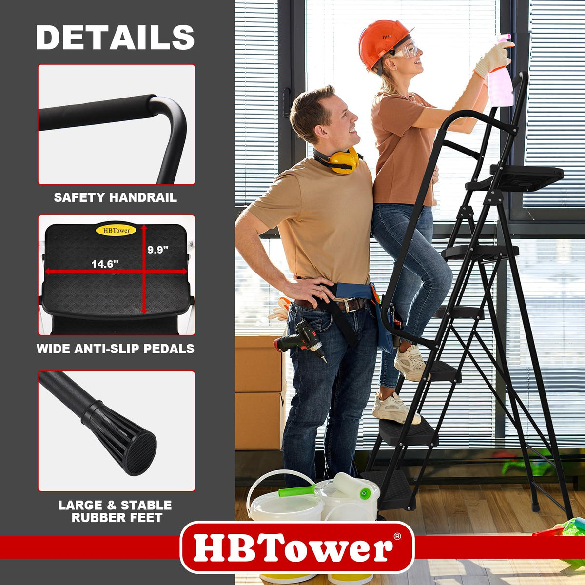 HBTower Step Ladder, Folding Step Stool with Wide Anti-Slip Pedal