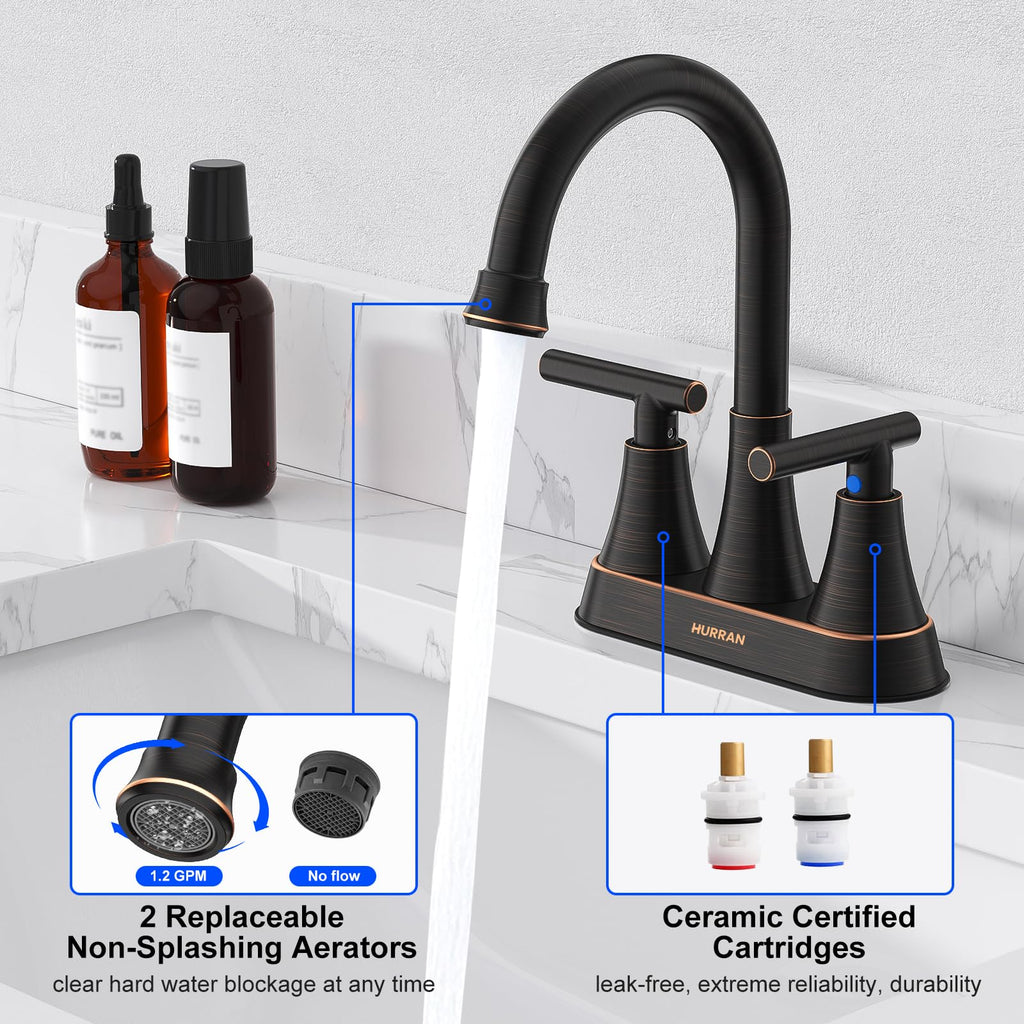 Matte Black Bathroom Faucet, Hurran 4 inch Centerset 2-Handle Lead-Free