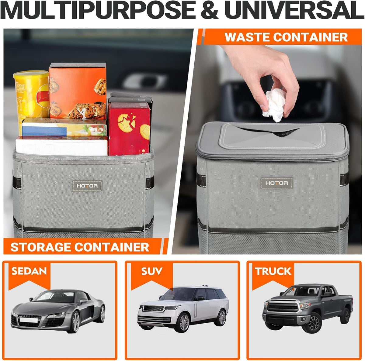 HOTOR Car Trash Can, Leakproof Car Organizer, 2-Gallon, Brown