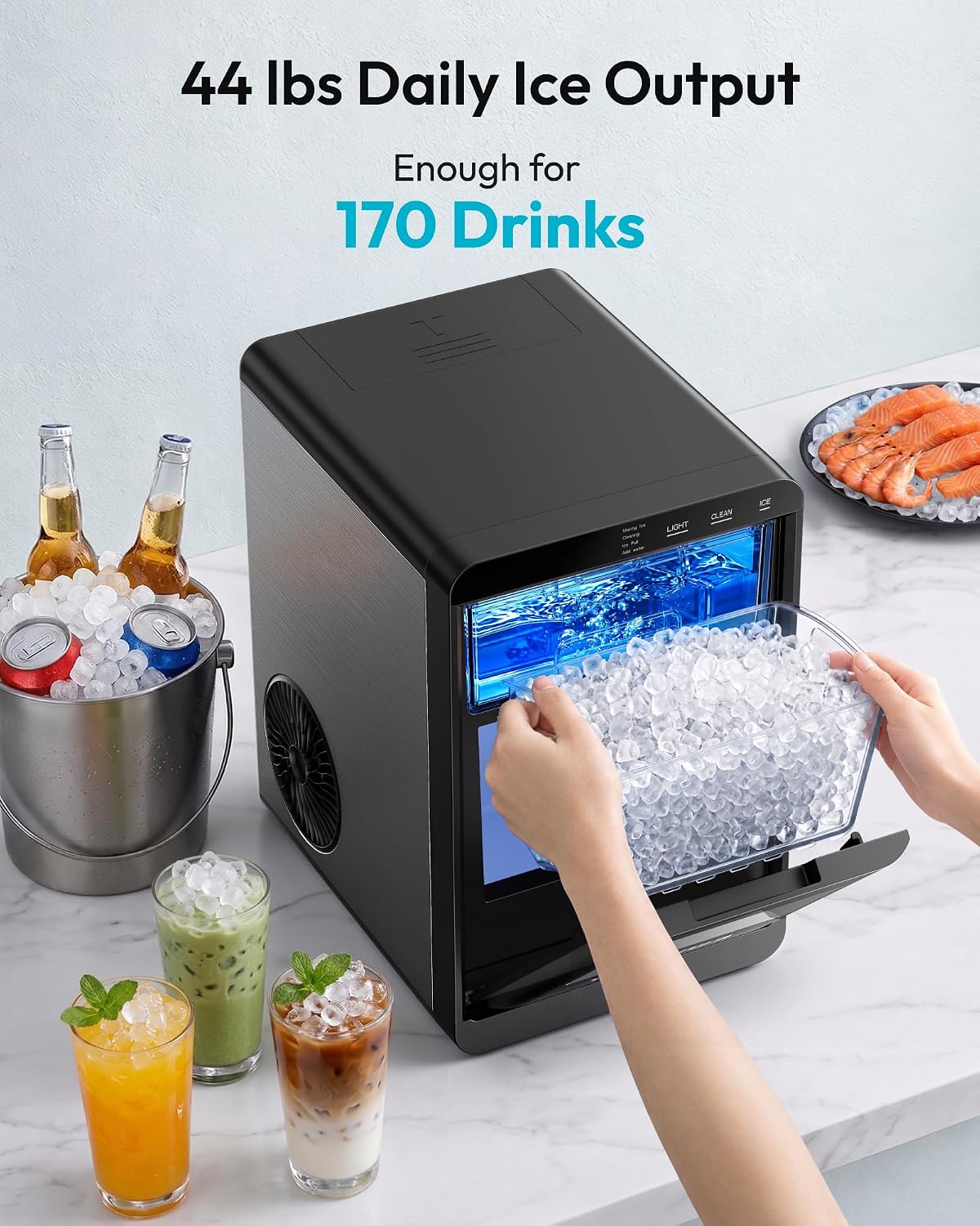 EUHOMY Nugget Ice Maker Countertop, 44lbs/24H, Ready in 7-10Mins, Black