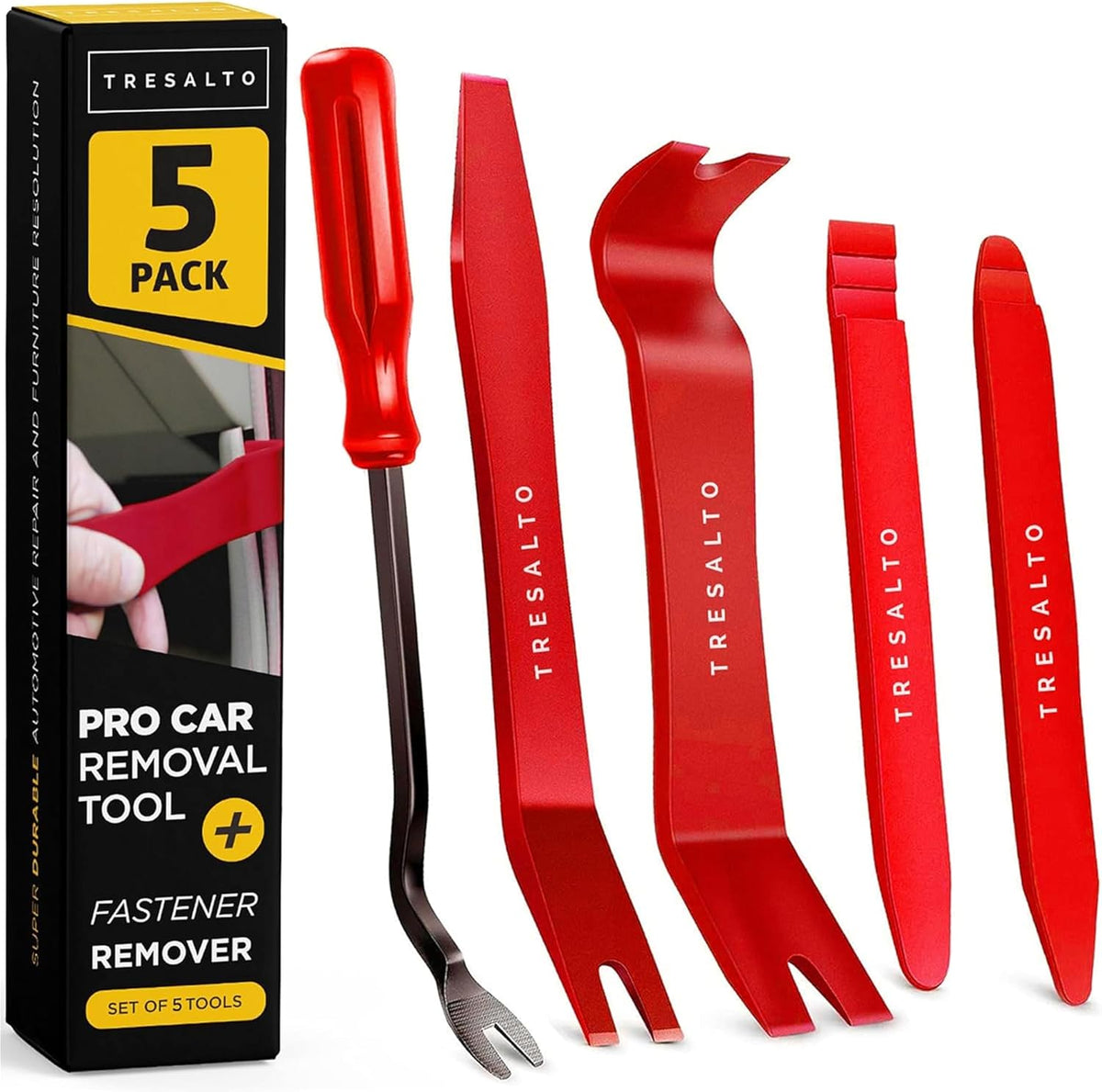 Auto Trim Removal Tool Kit (No Scratch Plastic Pry Kit), 5 Piece Set for Door Panel Removal Tool, Car Clips, Push Rivets, Molding, Dashboards, Interior Trim Tools, Red