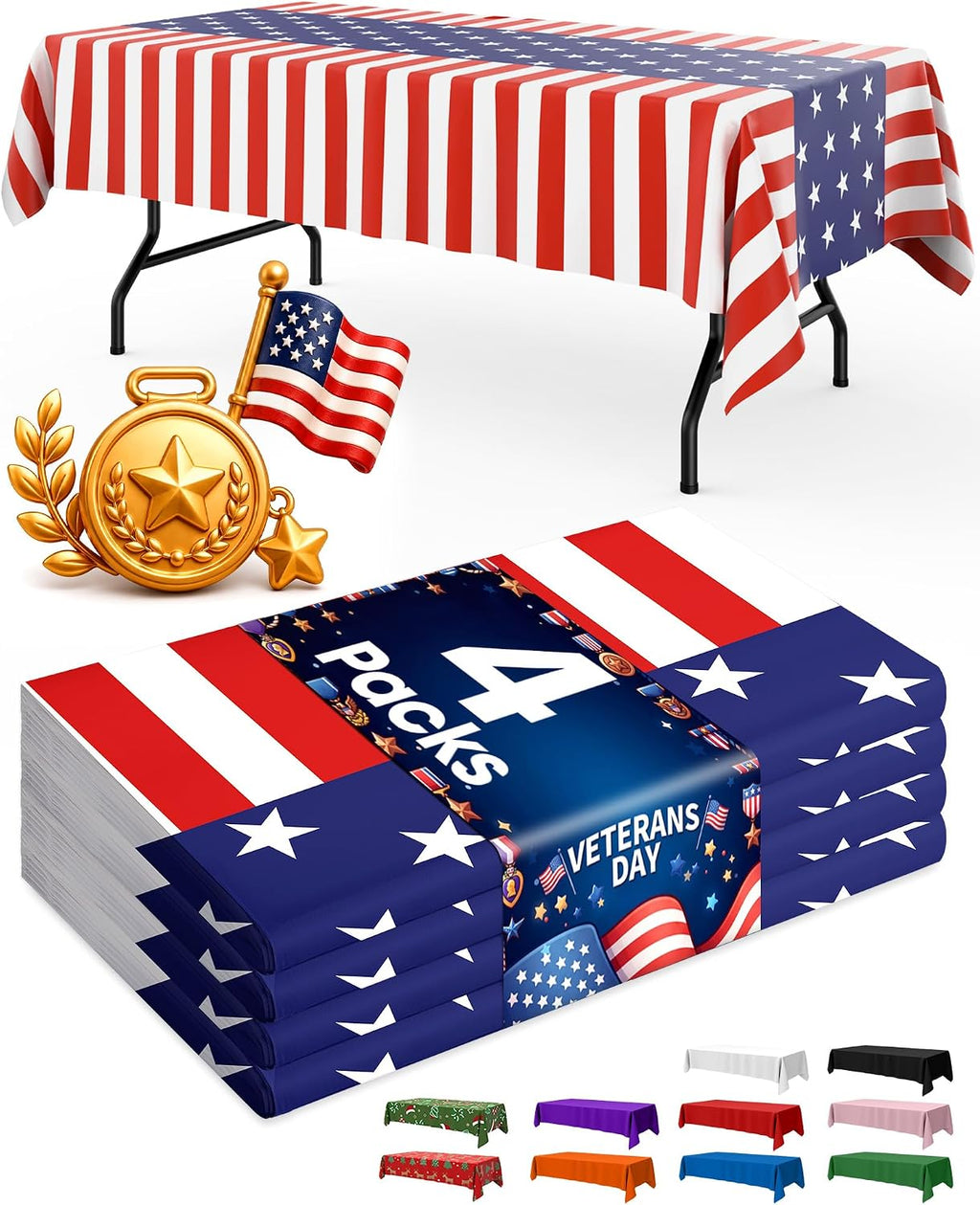 Niuara American Flag Plastic Table Cloth Disposable, 4 Pack, 54 x 108 in